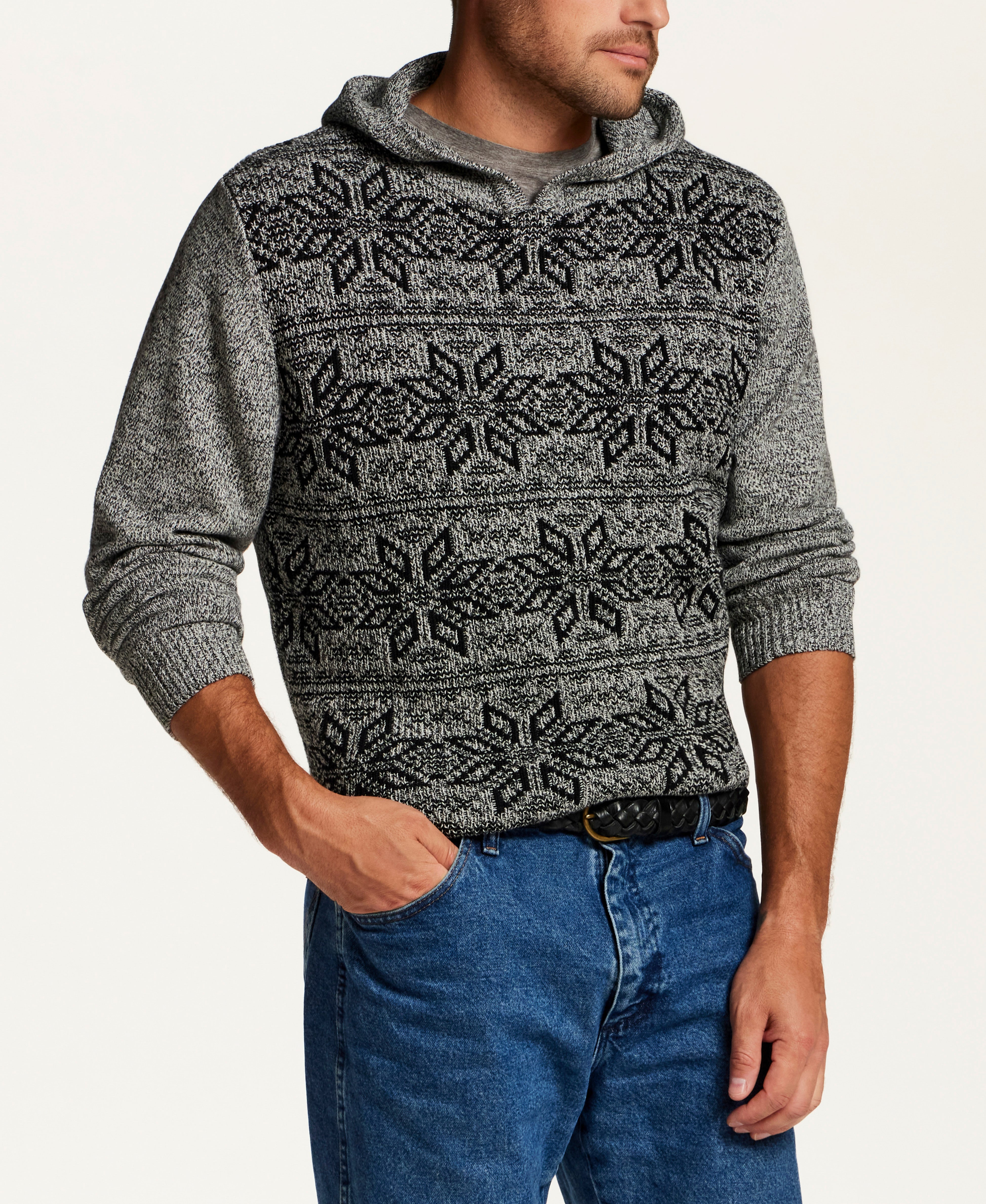 Marled Fair Isle Hooded Sweater in Grey