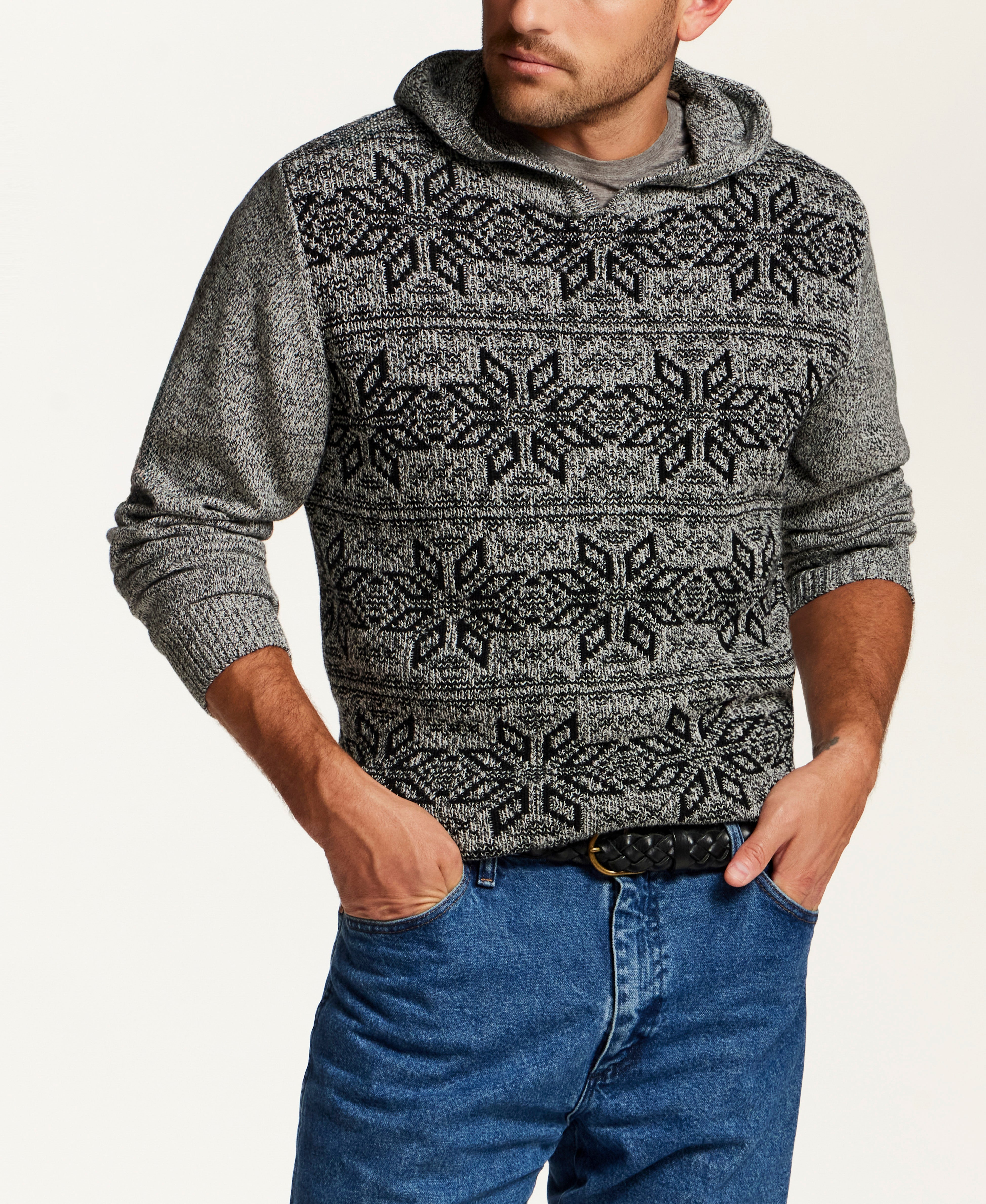 Marled Fair Isle Hooded Sweater in Grey