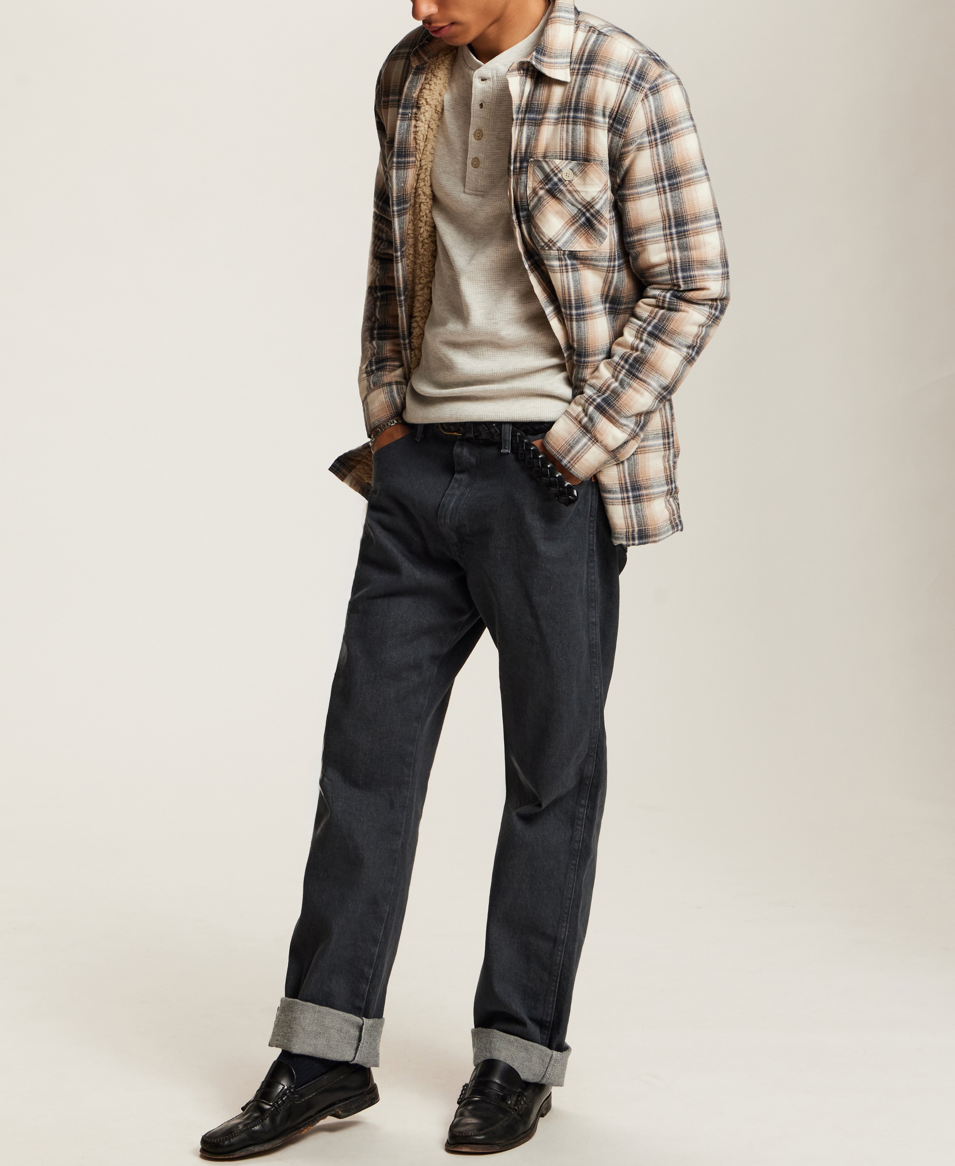 Sherpa-Lined Plaid Shirt Jacket in Wheat
