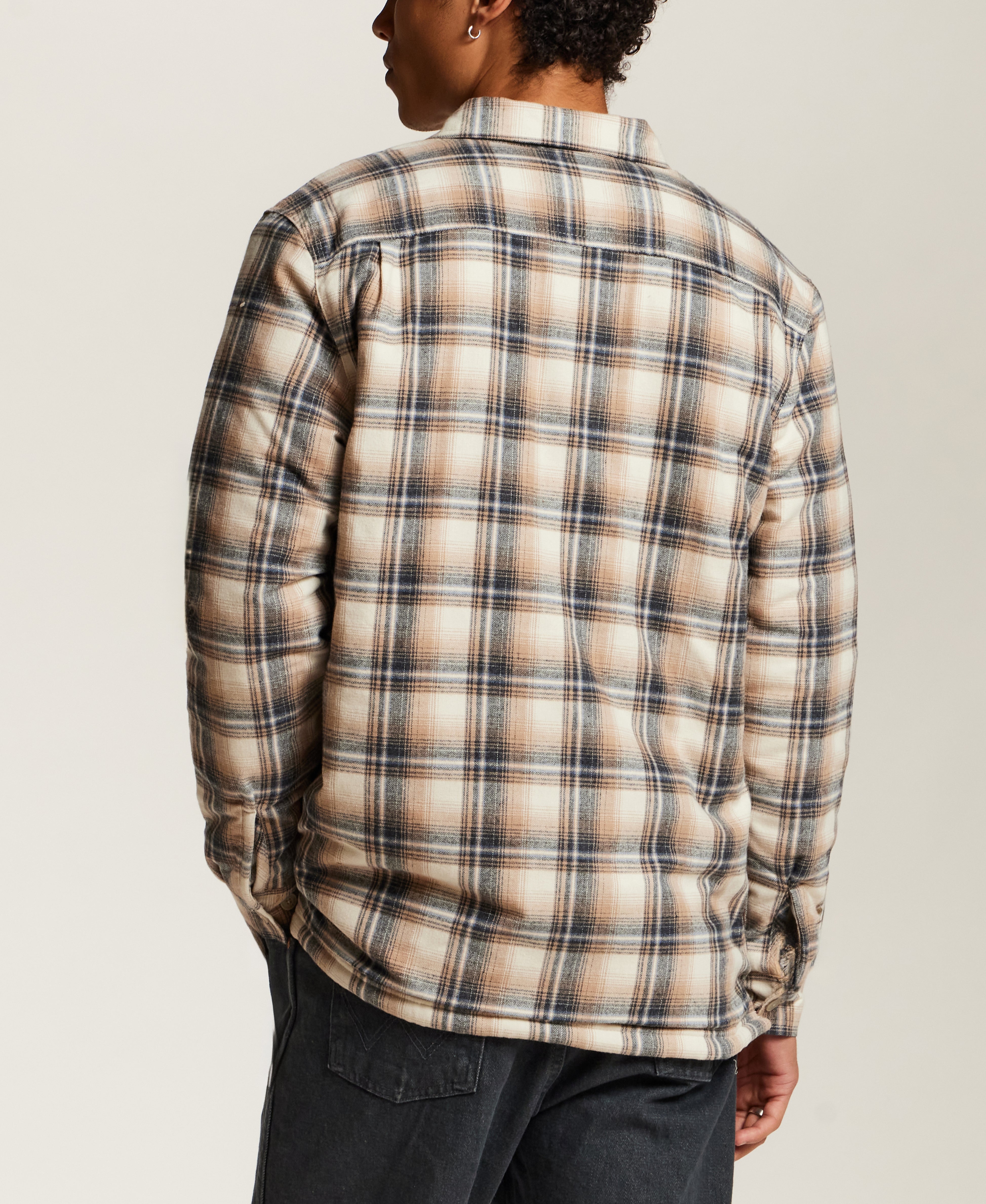Sherpa-Lined Plaid Shirt Jacket in Wheat