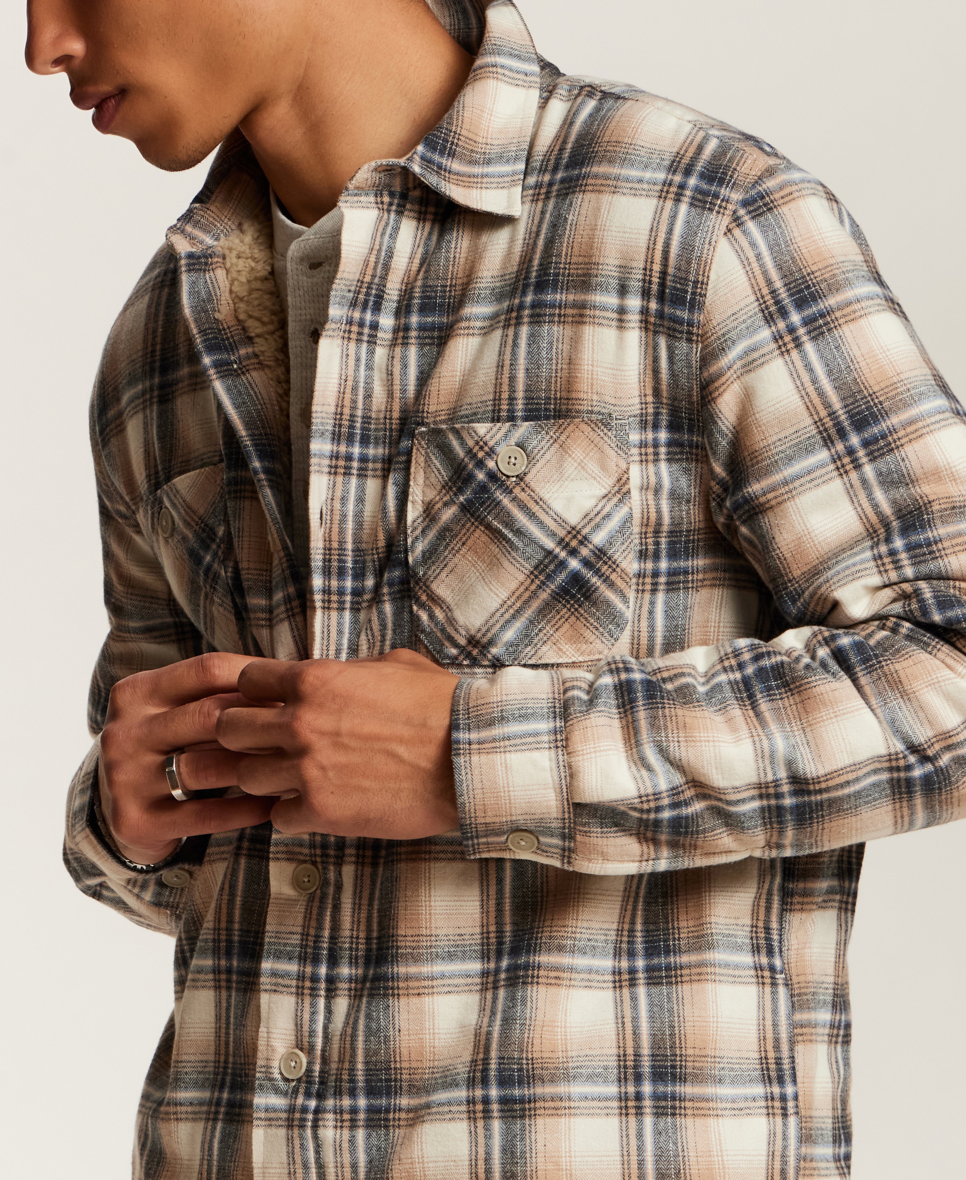 Sherpa-Lined Plaid Shirt Jacket in Wheat