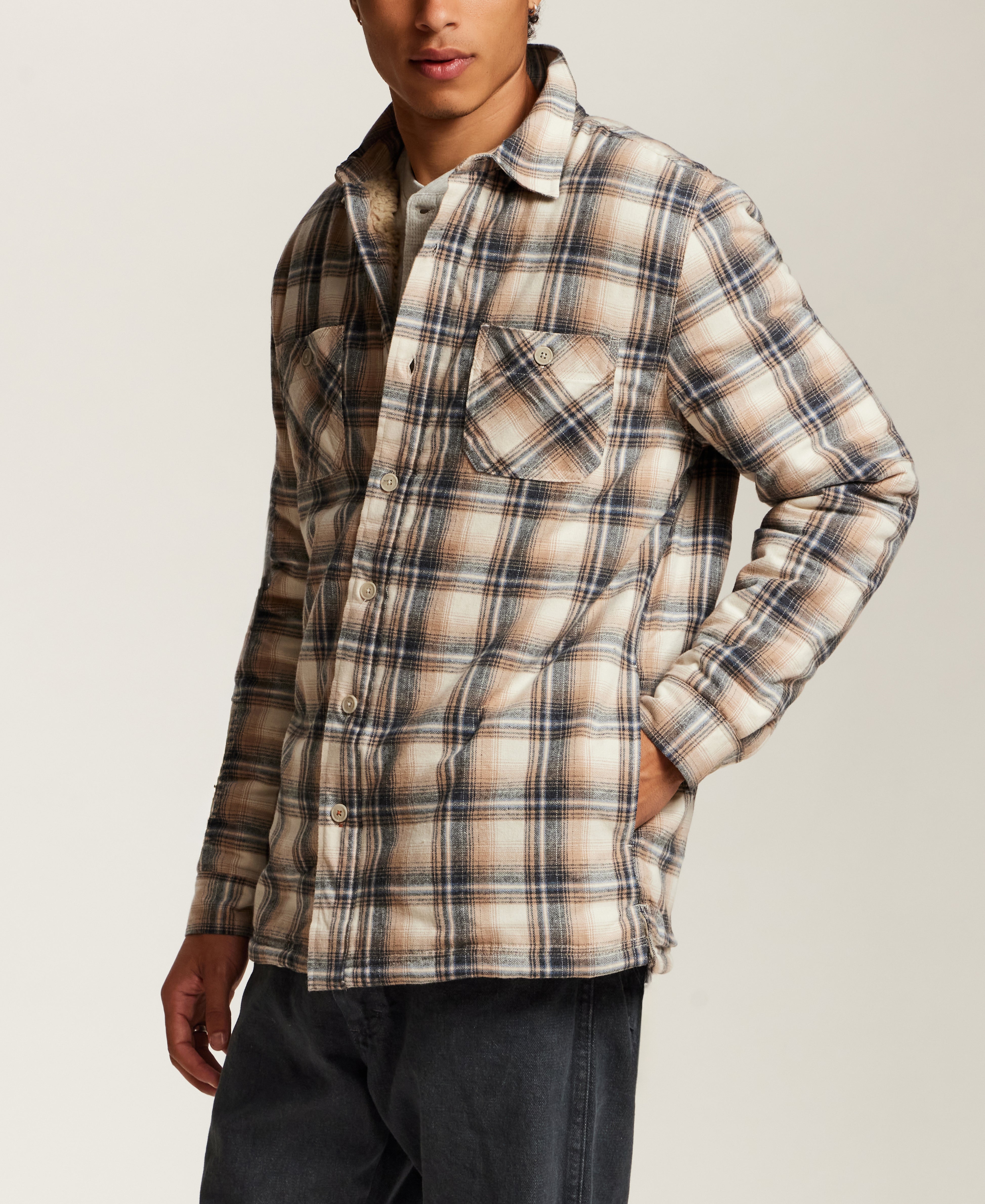 Sherpa-Lined Plaid Shirt Jacket in Wheat