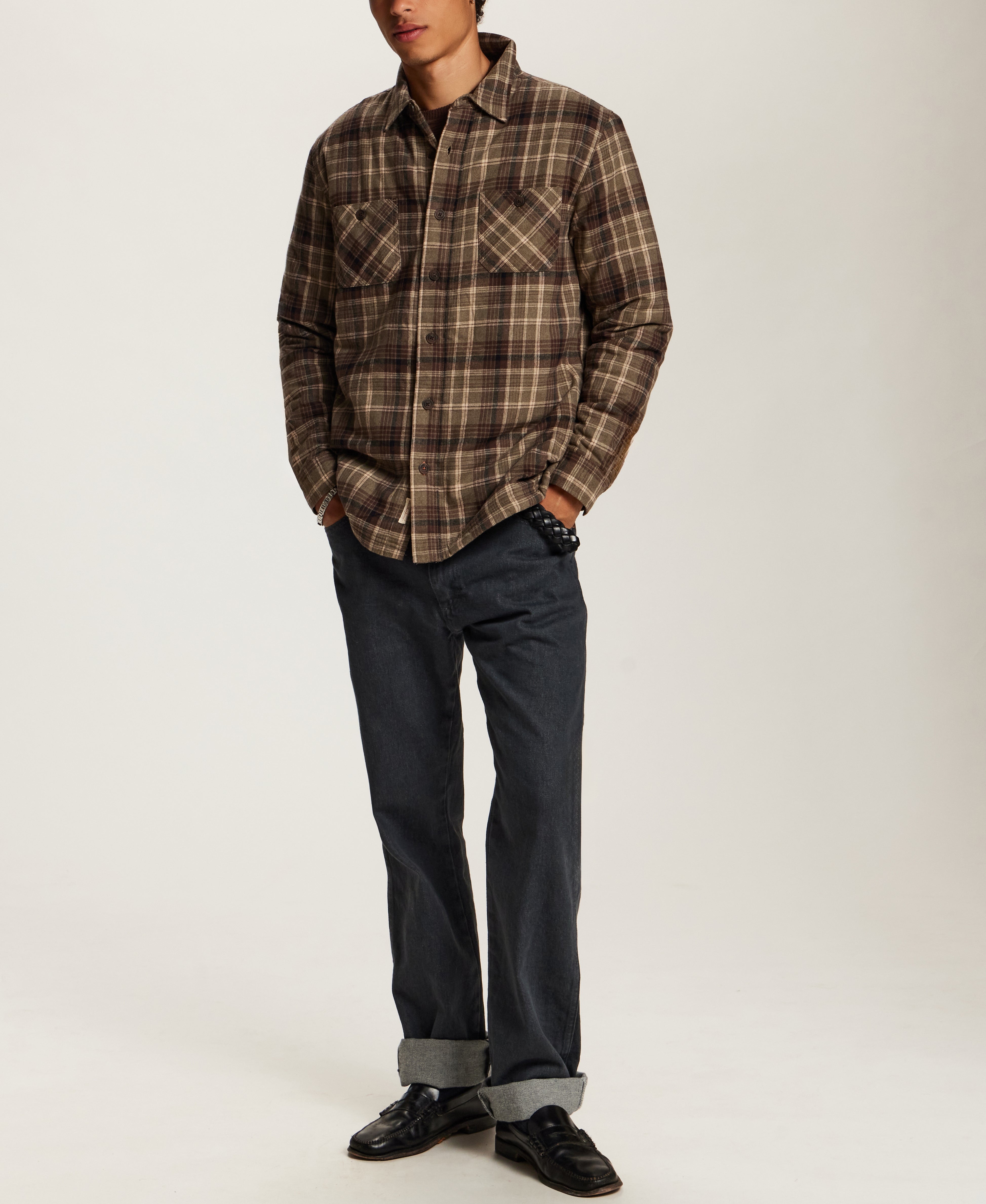 Sherpa-Lined Plaid Shirt Jacket in Wren Brown