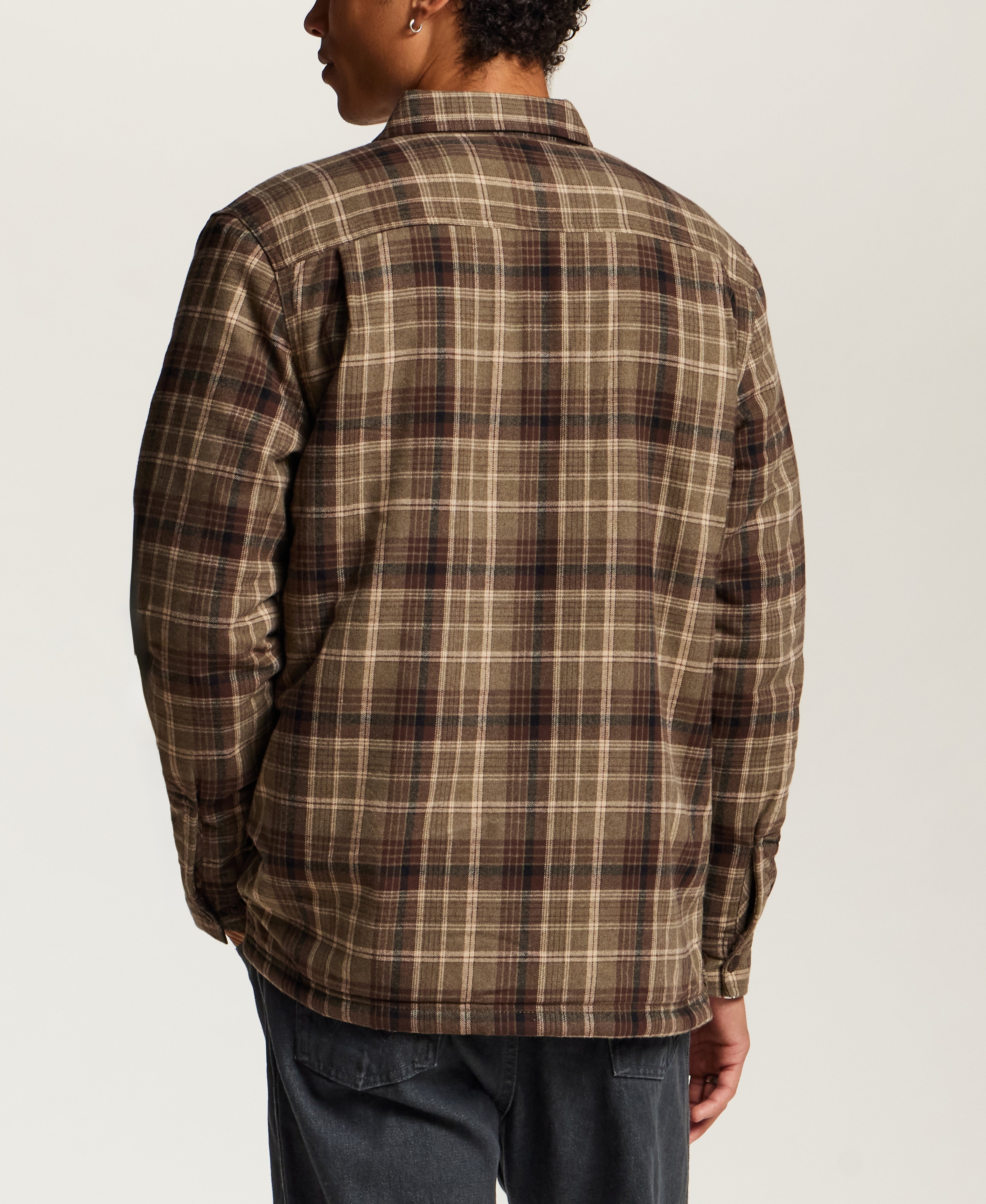 Sherpa-Lined Plaid Shirt Jacket in Wren Brown
