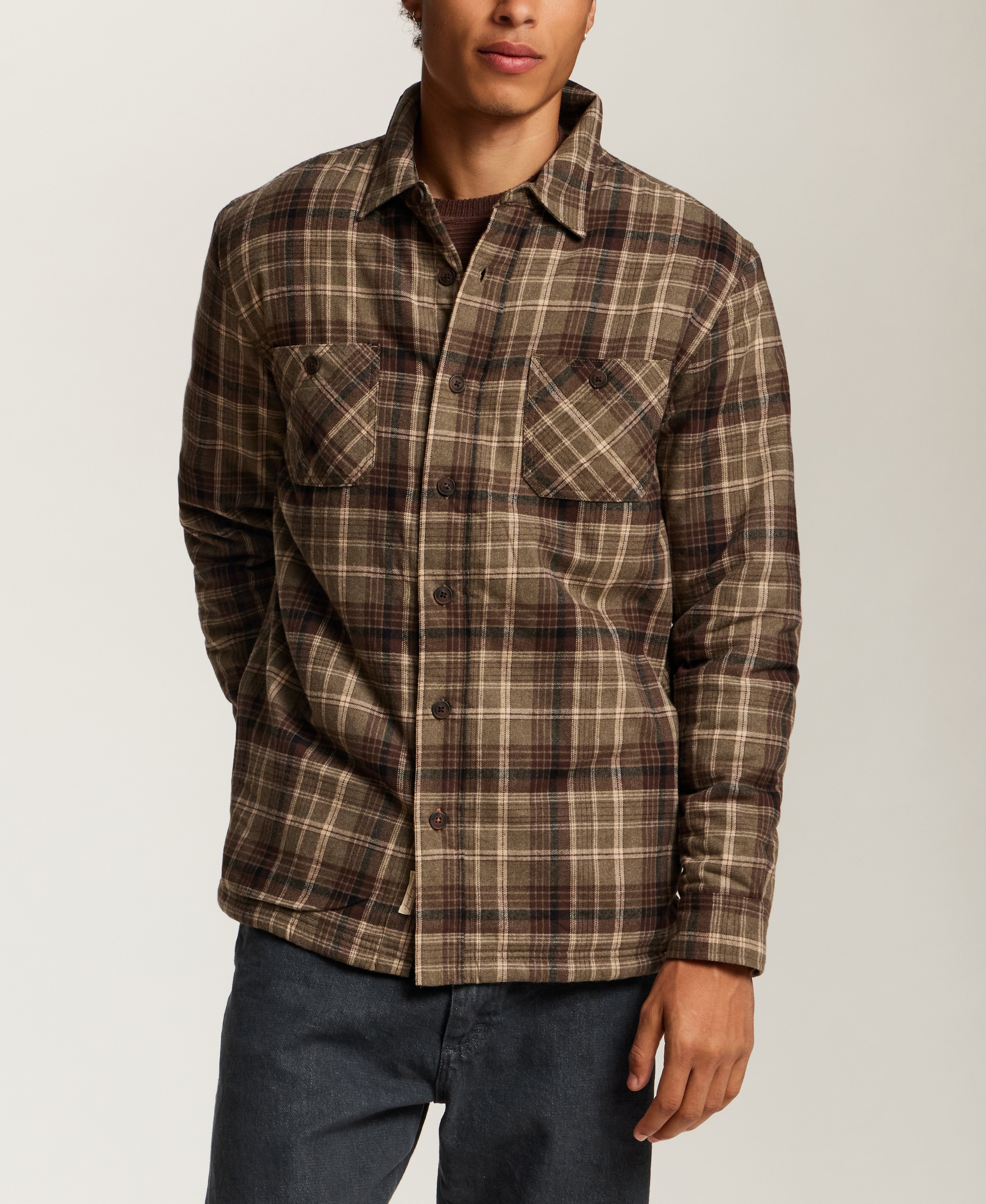 Sherpa-Lined Plaid Shirt Jacket in Wren Brown