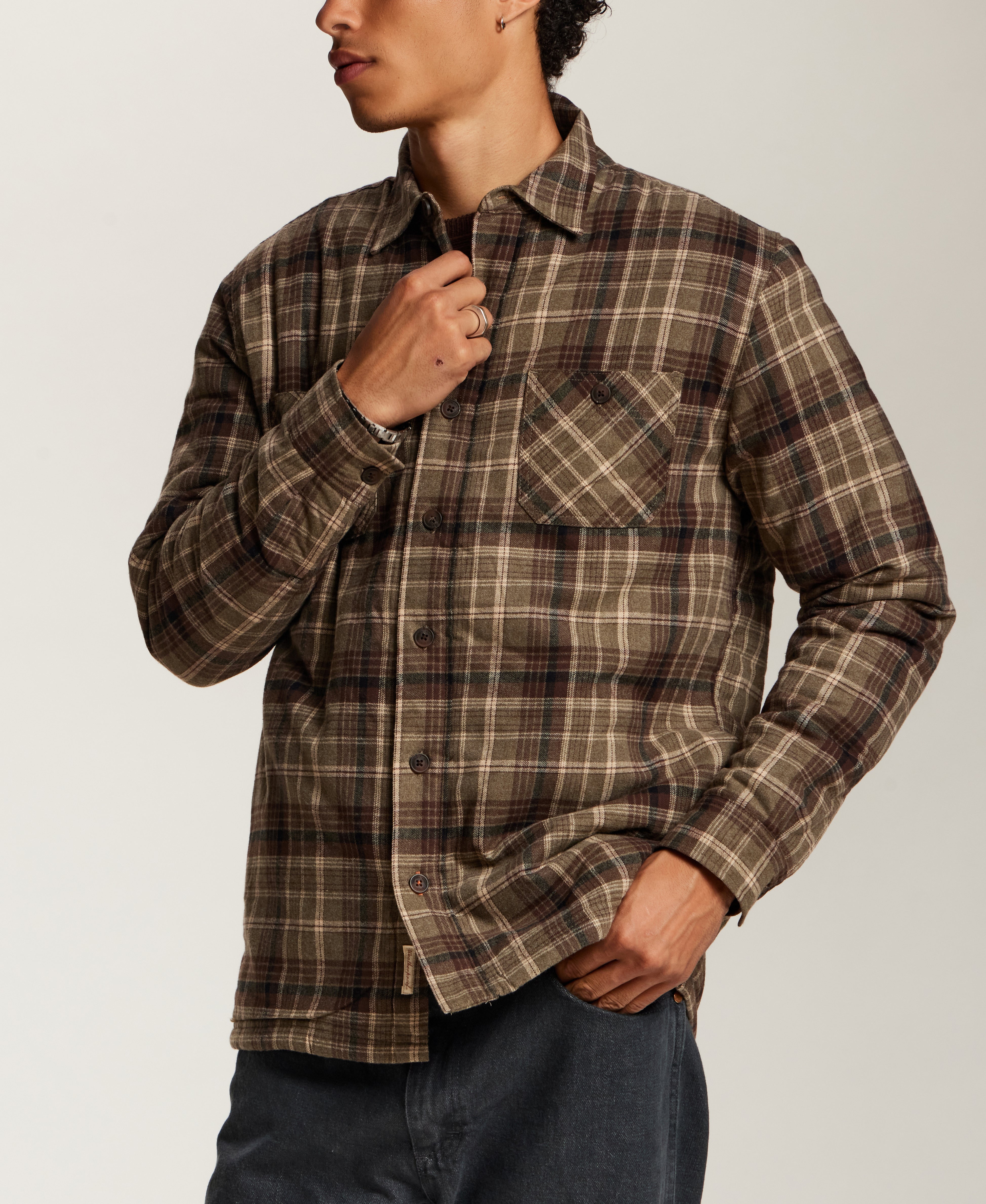 Sherpa-Lined Plaid Shirt Jacket in Wren Brown