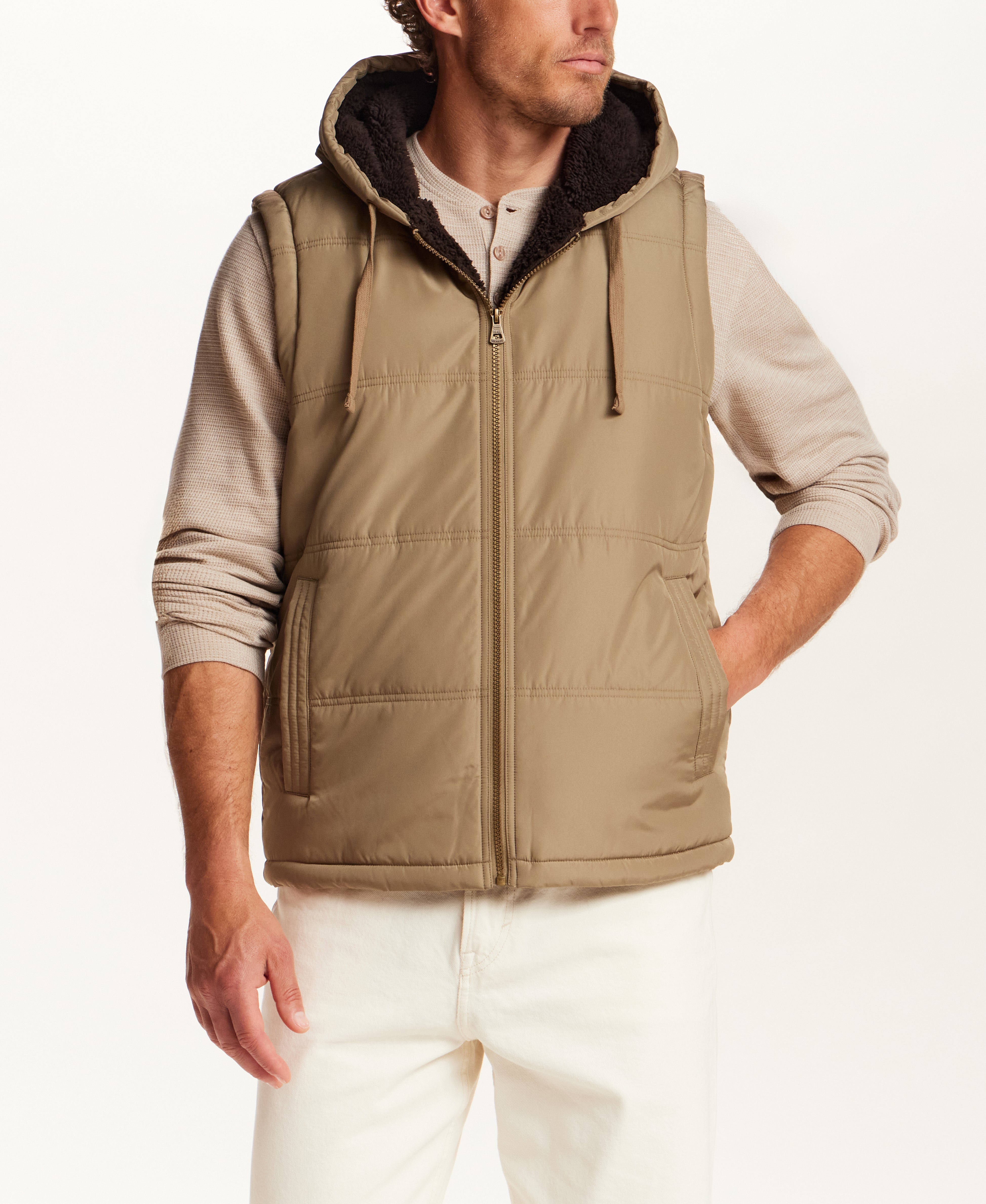 The Trailside Sherpa-Lined Hooded Vest in Elmwood Khaki
