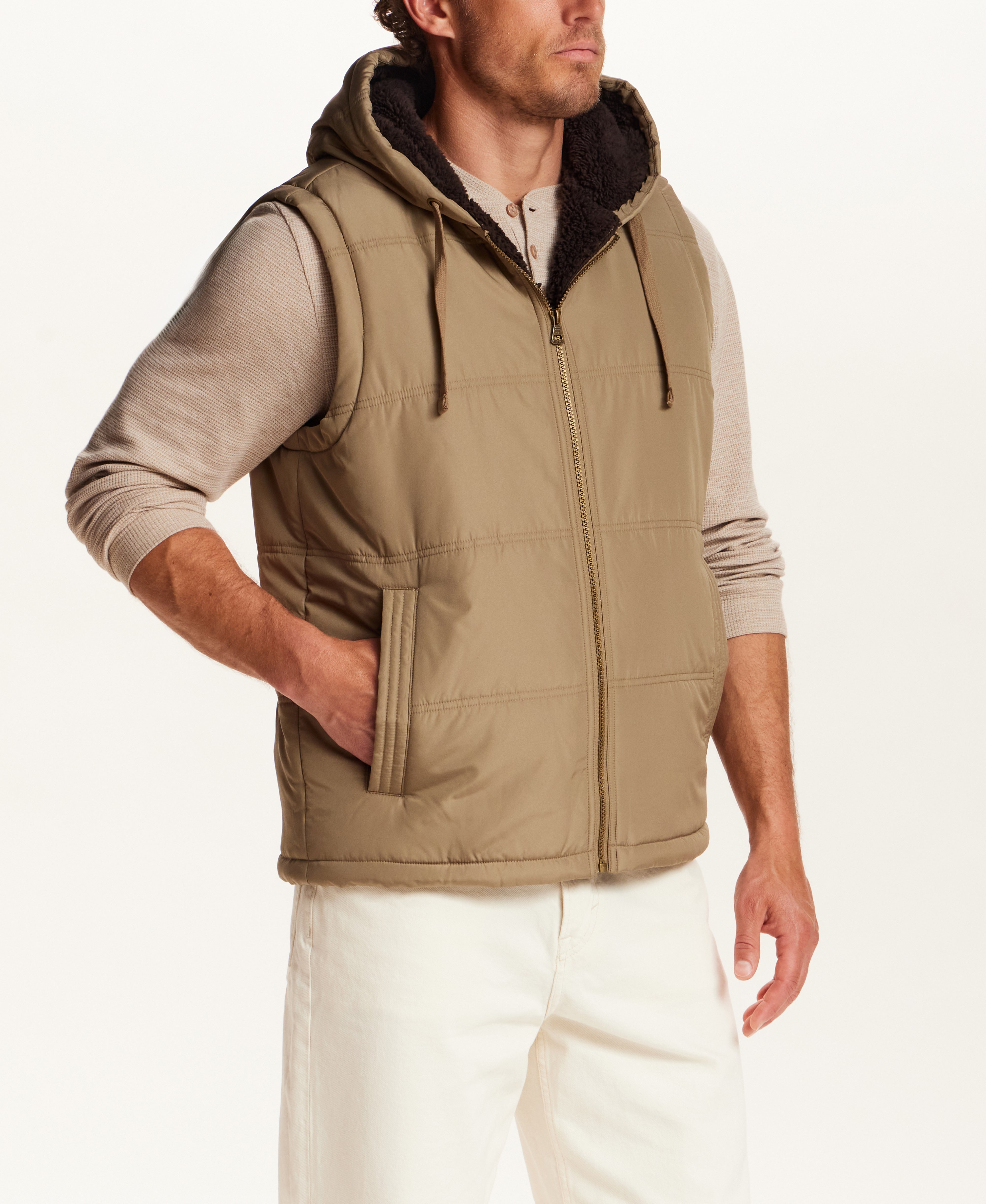 The Trailside Sherpa-Lined Hooded Vest in Elmwood Khaki