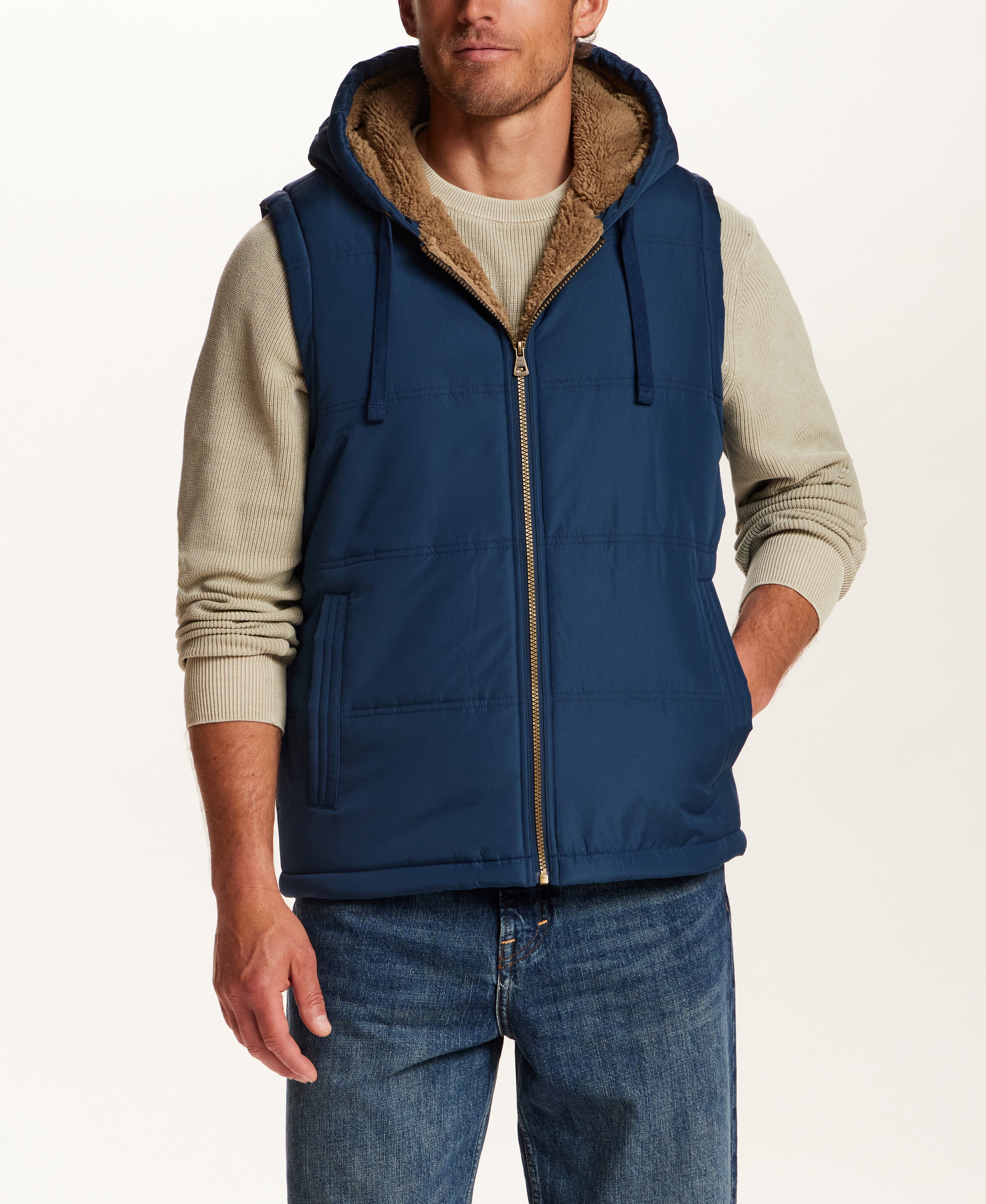 SHERPA LINED HOODED PUFFER VEST in INSIGNIA BLUE (F2670383WV)