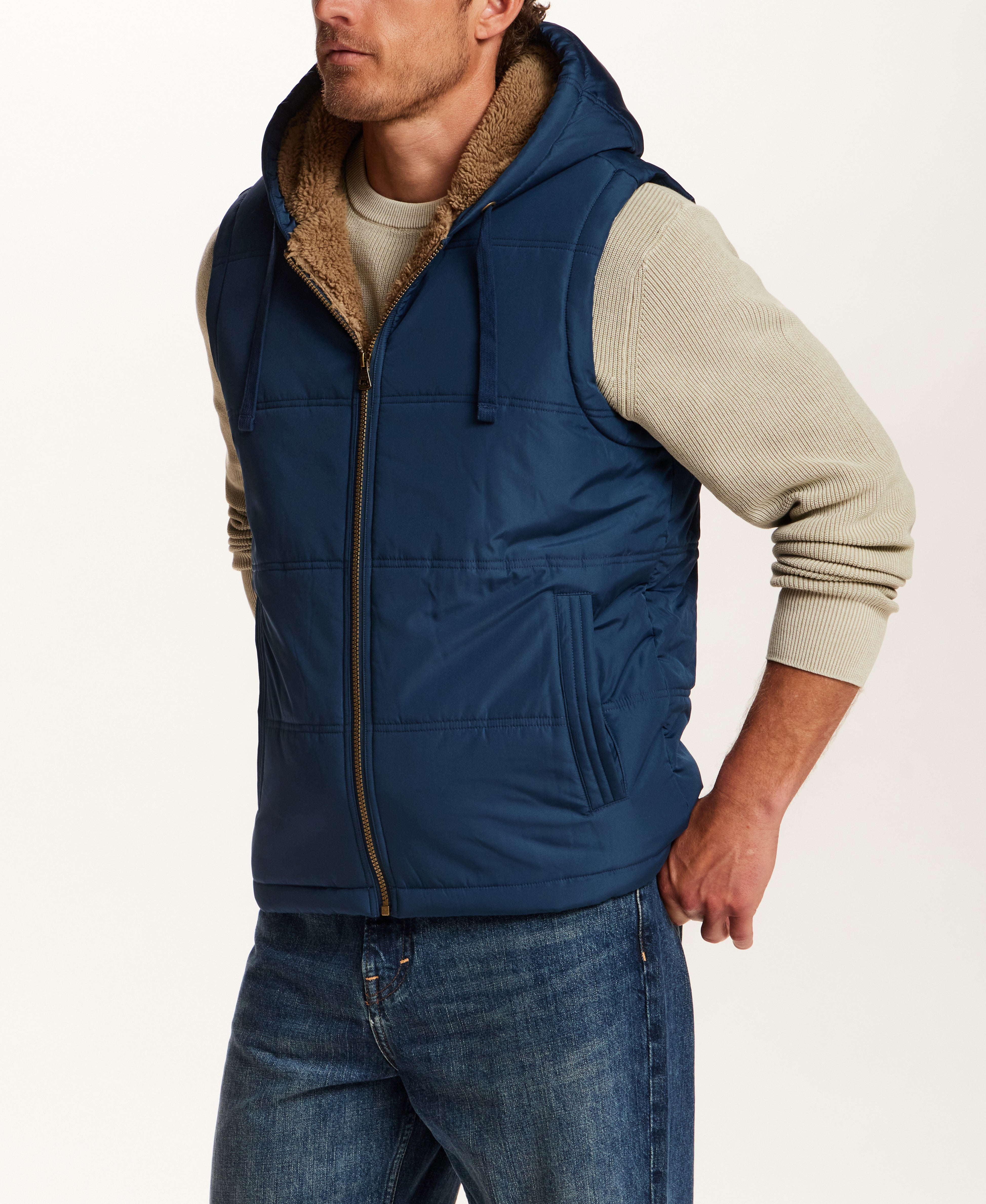 SHERPA LINED HOODED PUFFER VEST in INSIGNIA BLUE (F2670383WV)