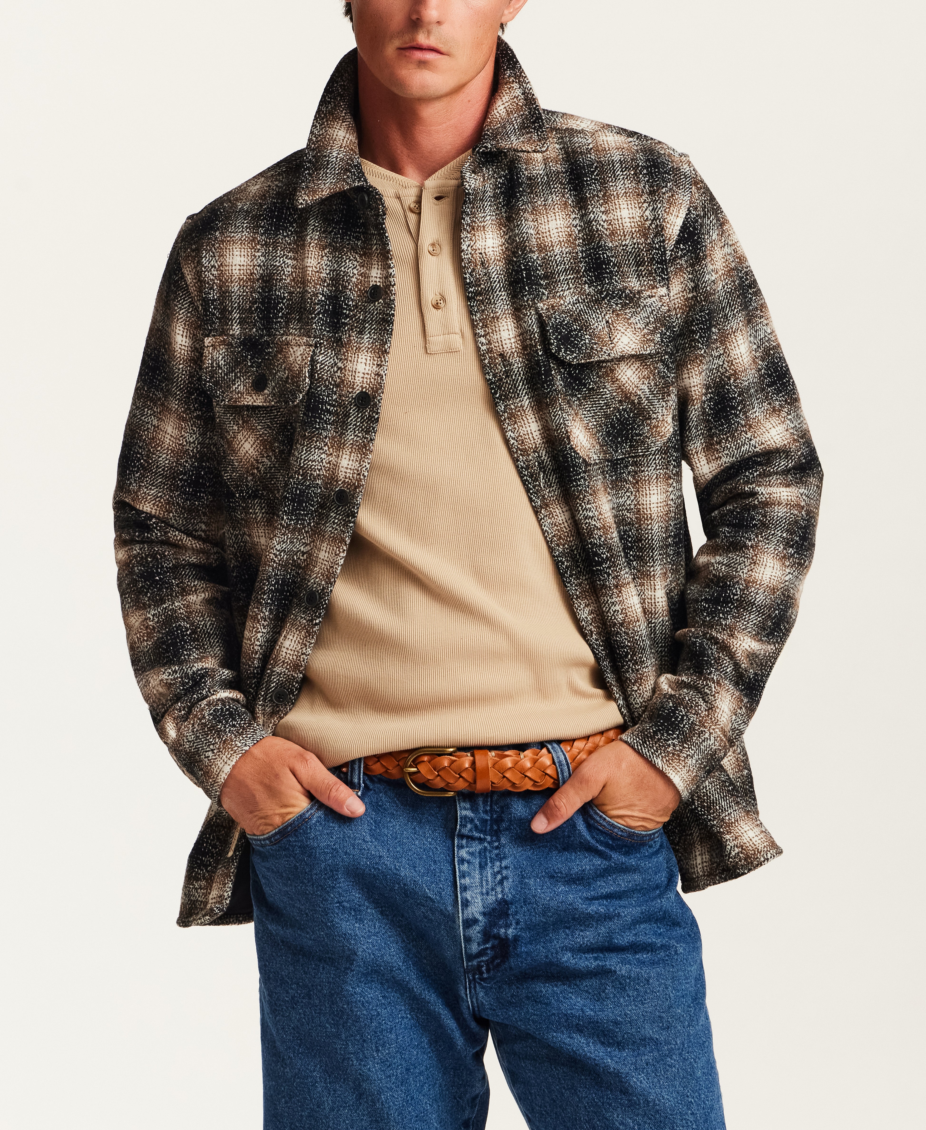 The Lodge Plaid Shirt Jacket in Mocha Black
