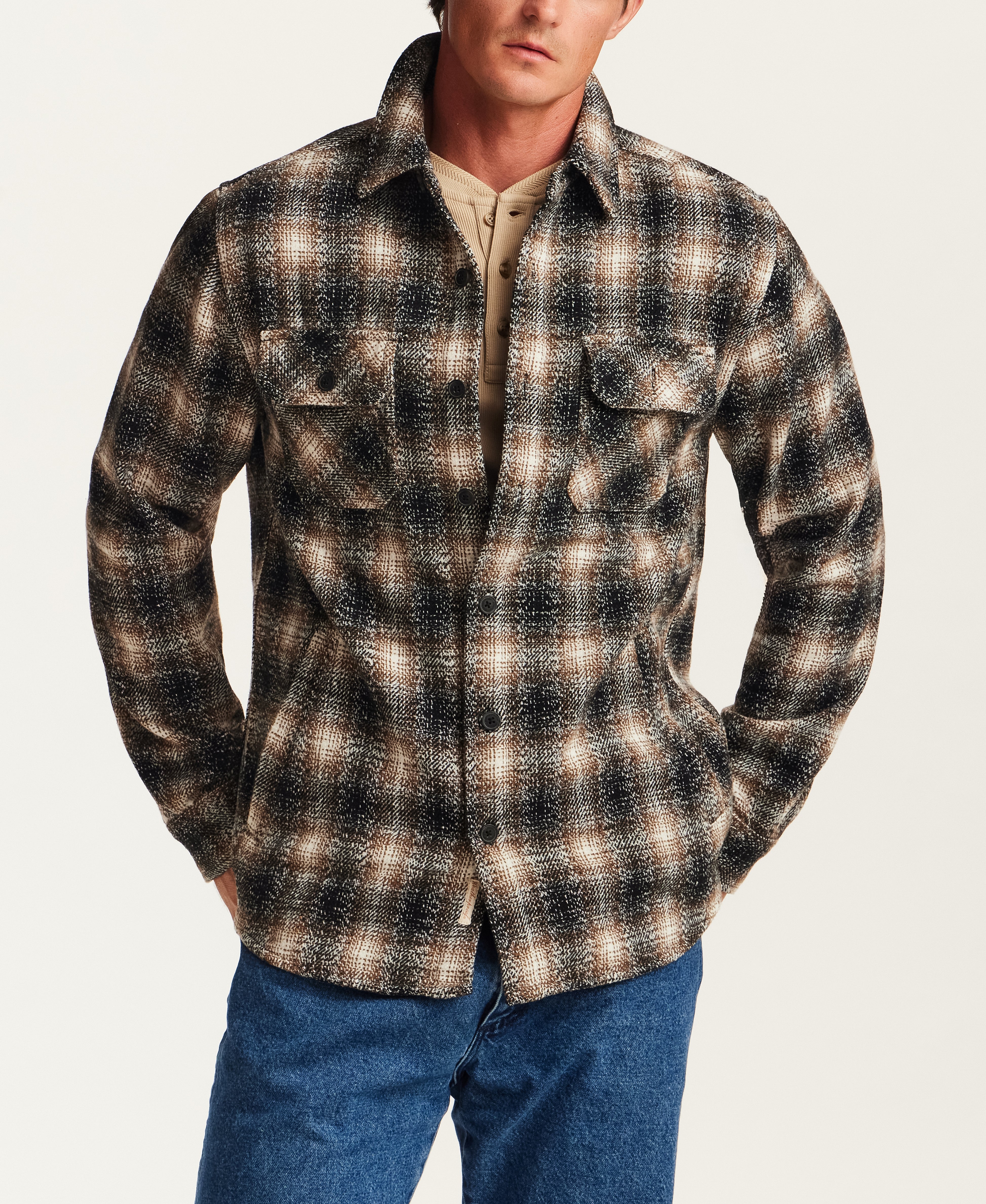 The Lodge Plaid Shirt Jacket in Mocha Black