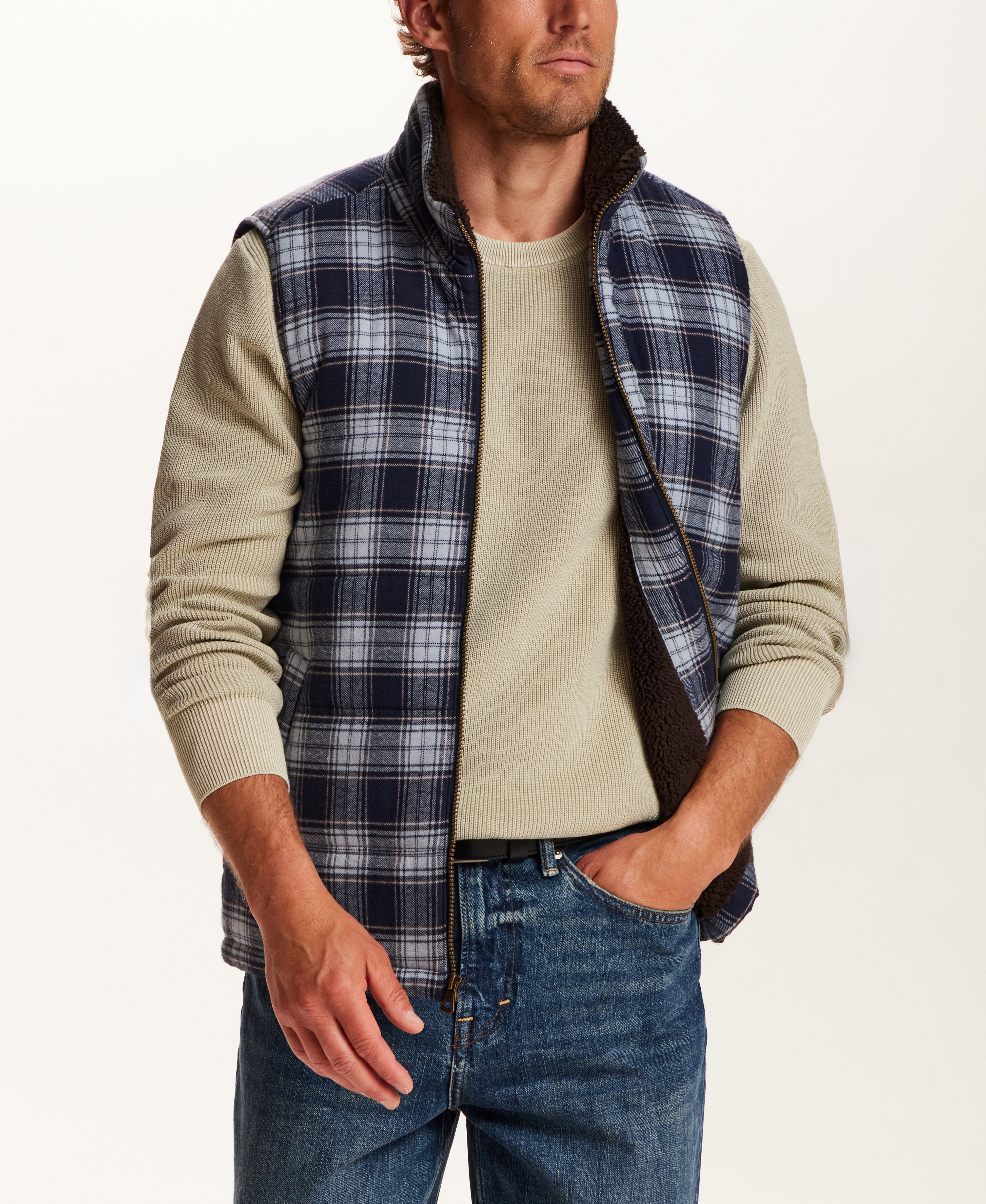 The Ridge Plaid Sherpa Vest in Nordic Navy