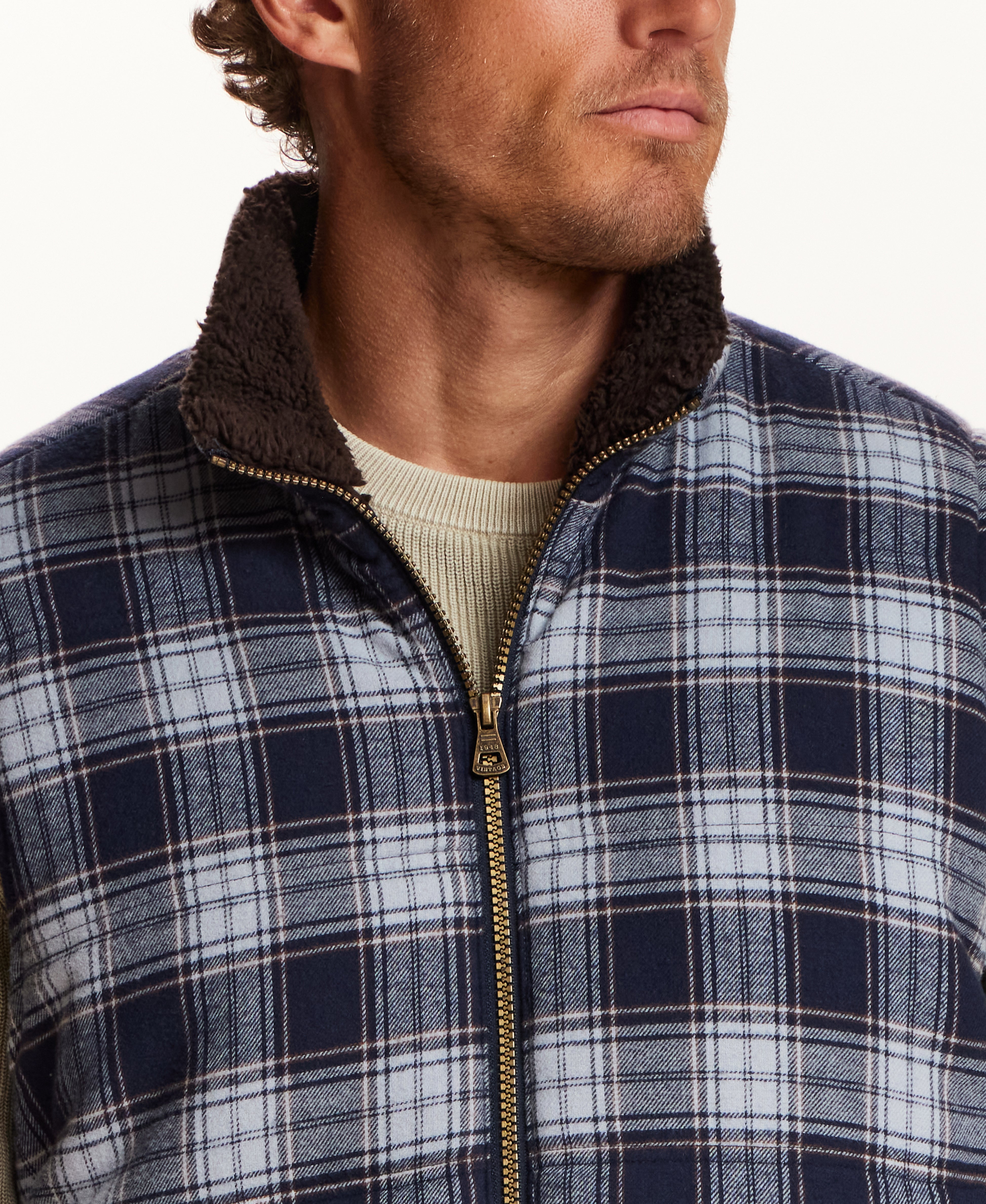 The Ridge Plaid Sherpa Vest in Nordic Navy