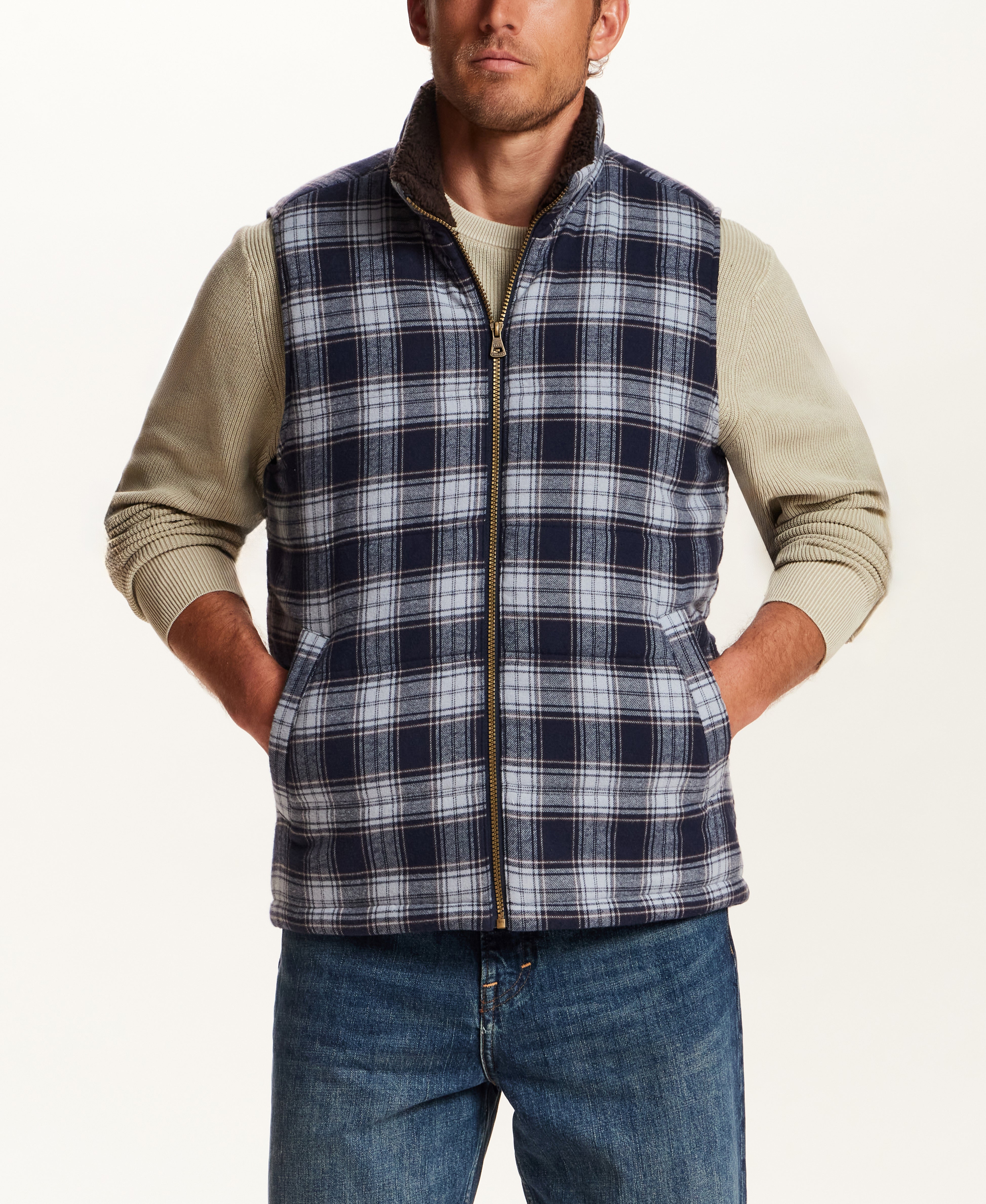 The Ridge Plaid Sherpa Vest in Nordic Navy