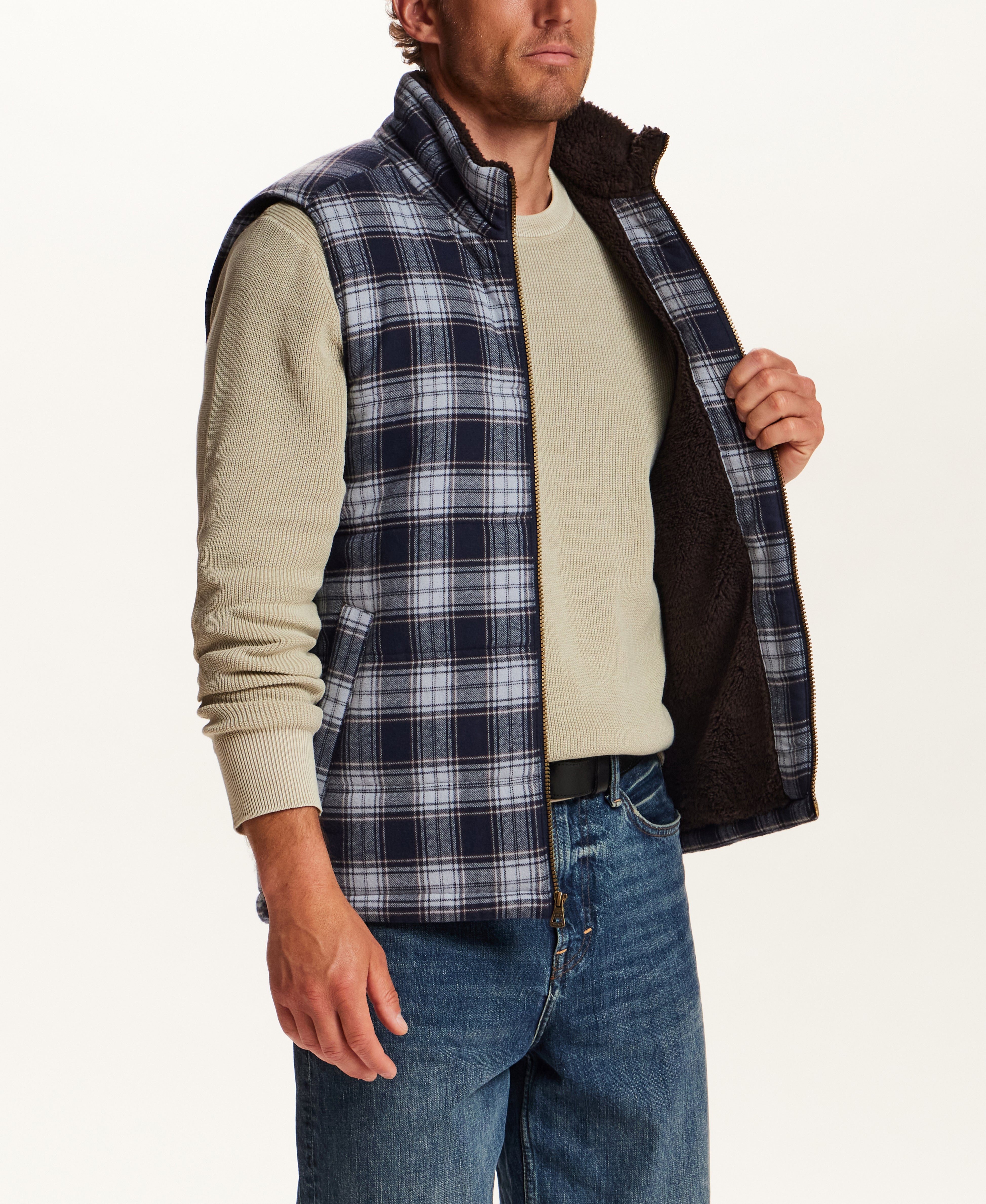 The Ridge Plaid Sherpa Vest in Nordic Navy
