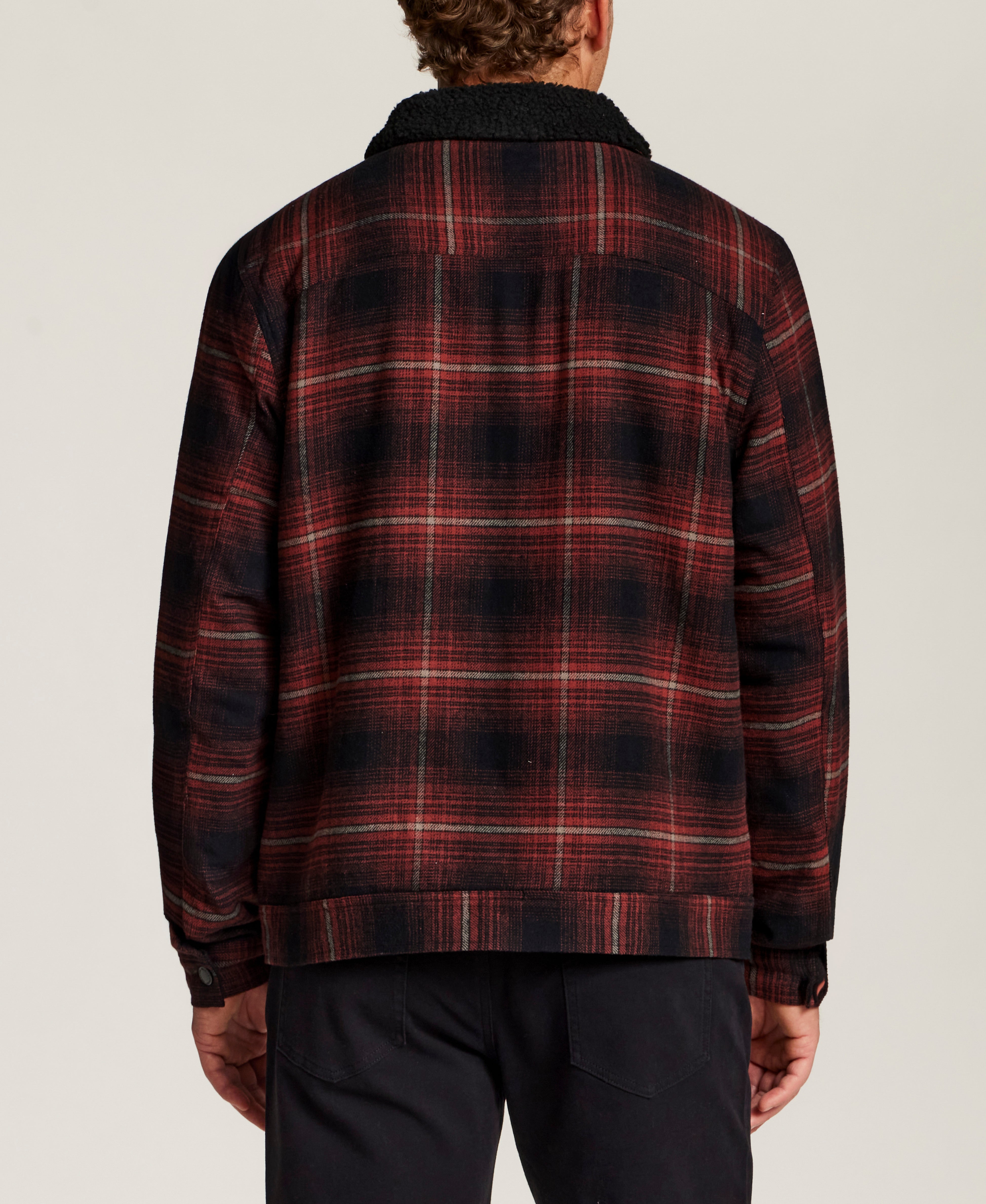 Berber-Lined Flannel Trucker Jacket in Fireside Red