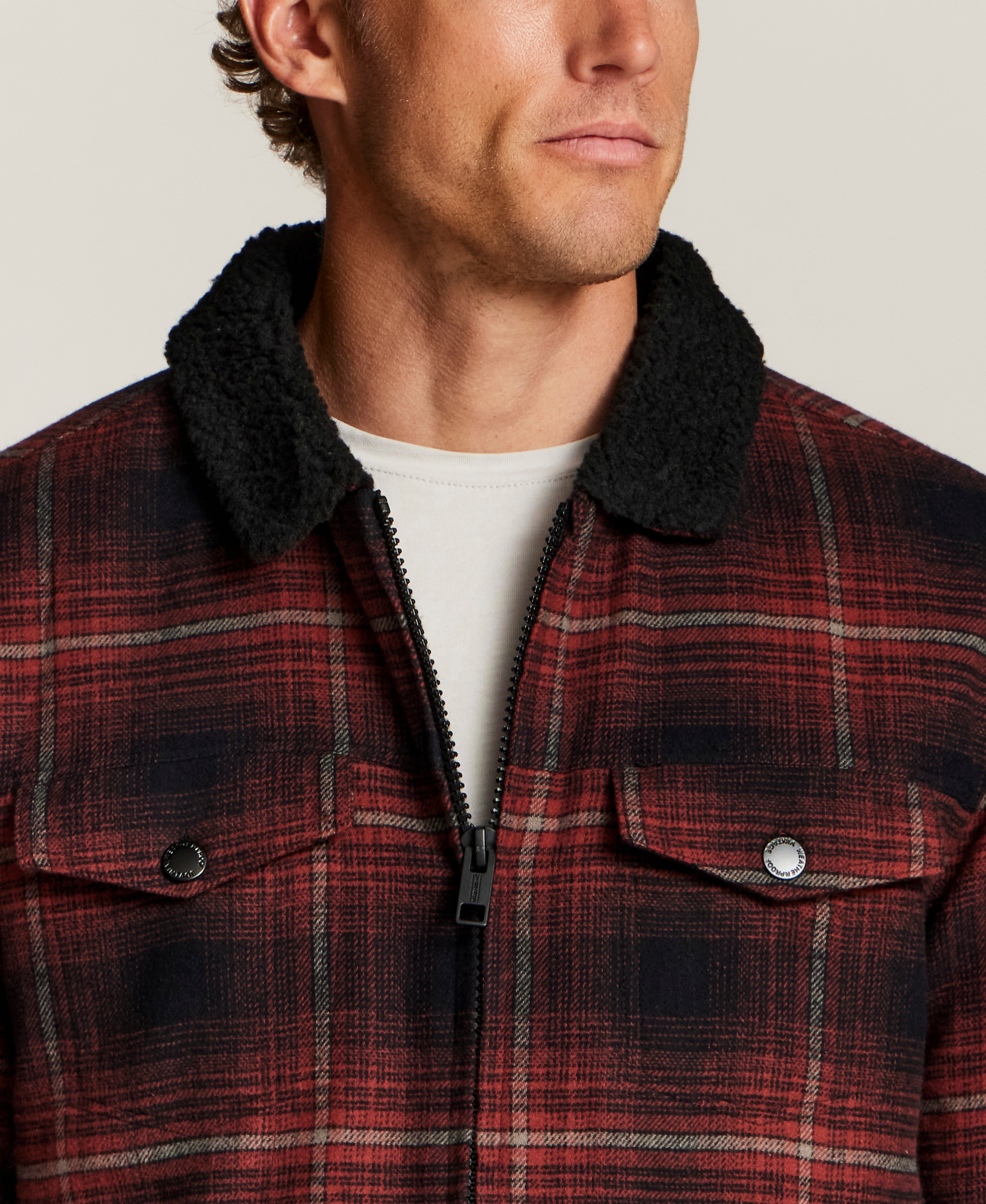 Berber-Lined Flannel Trucker Jacket in Fireside Red
