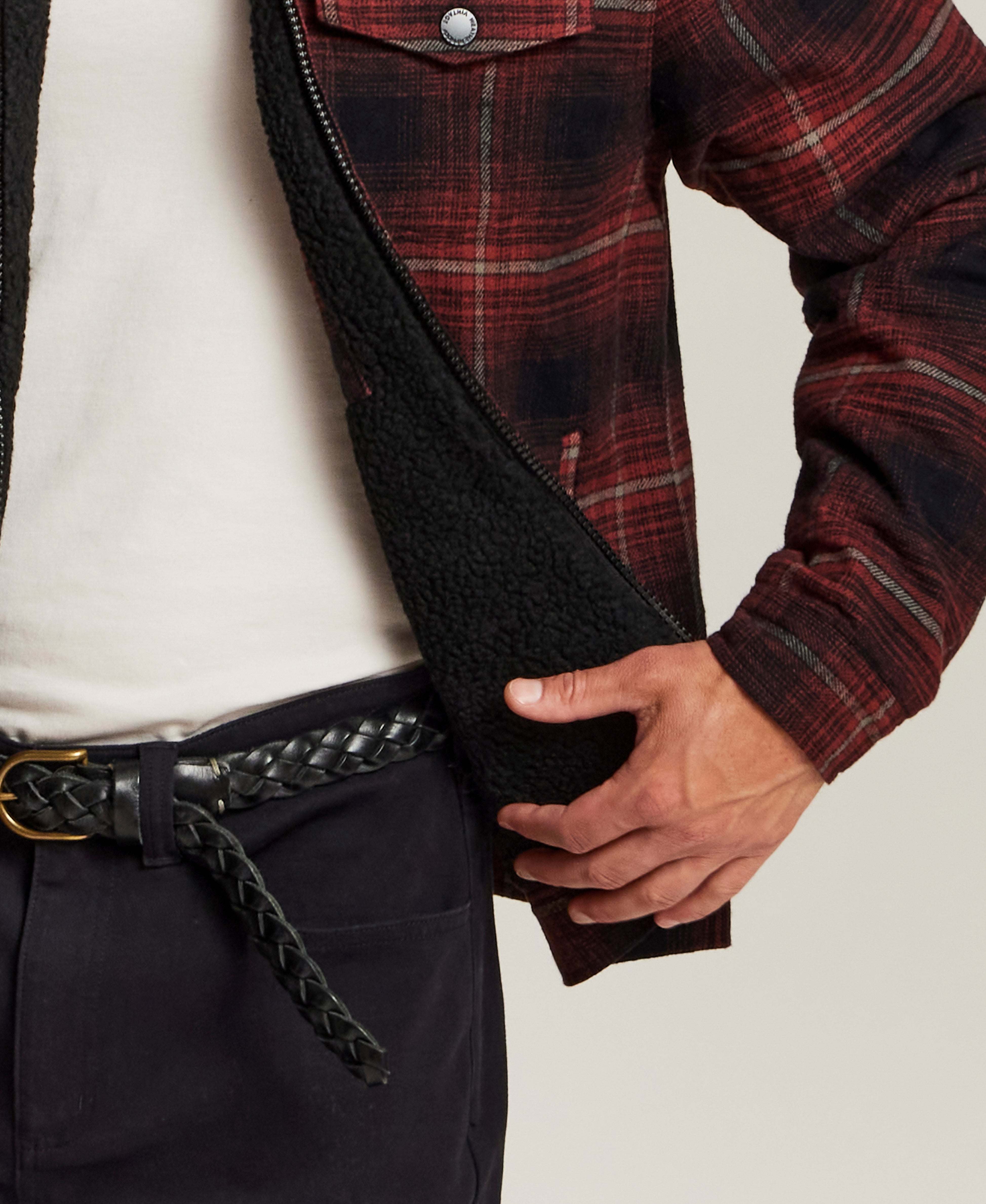Berber-Lined Flannel Trucker Jacket in Fireside Red
