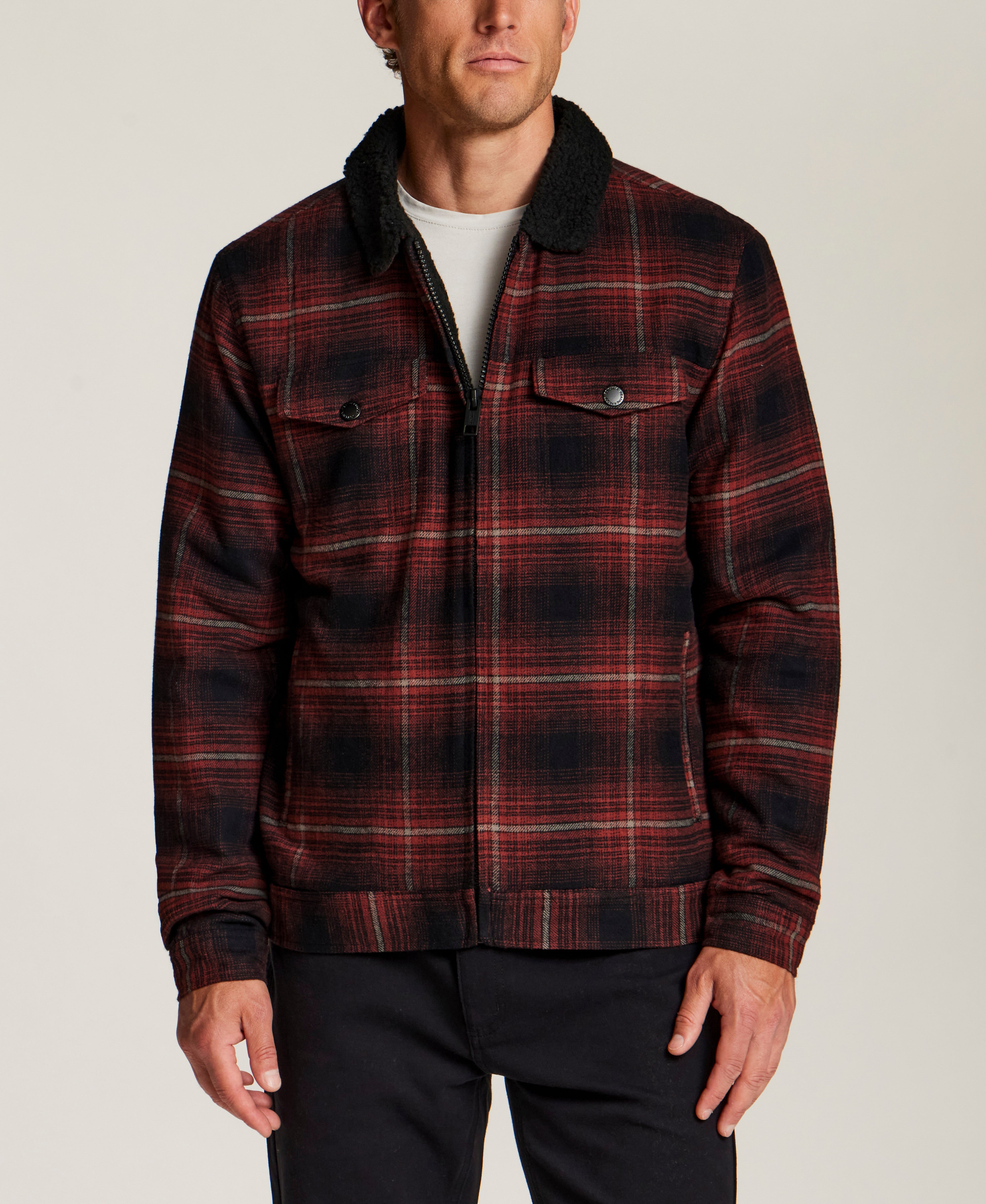 Berber-Lined Flannel Trucker Jacket in Fireside Red