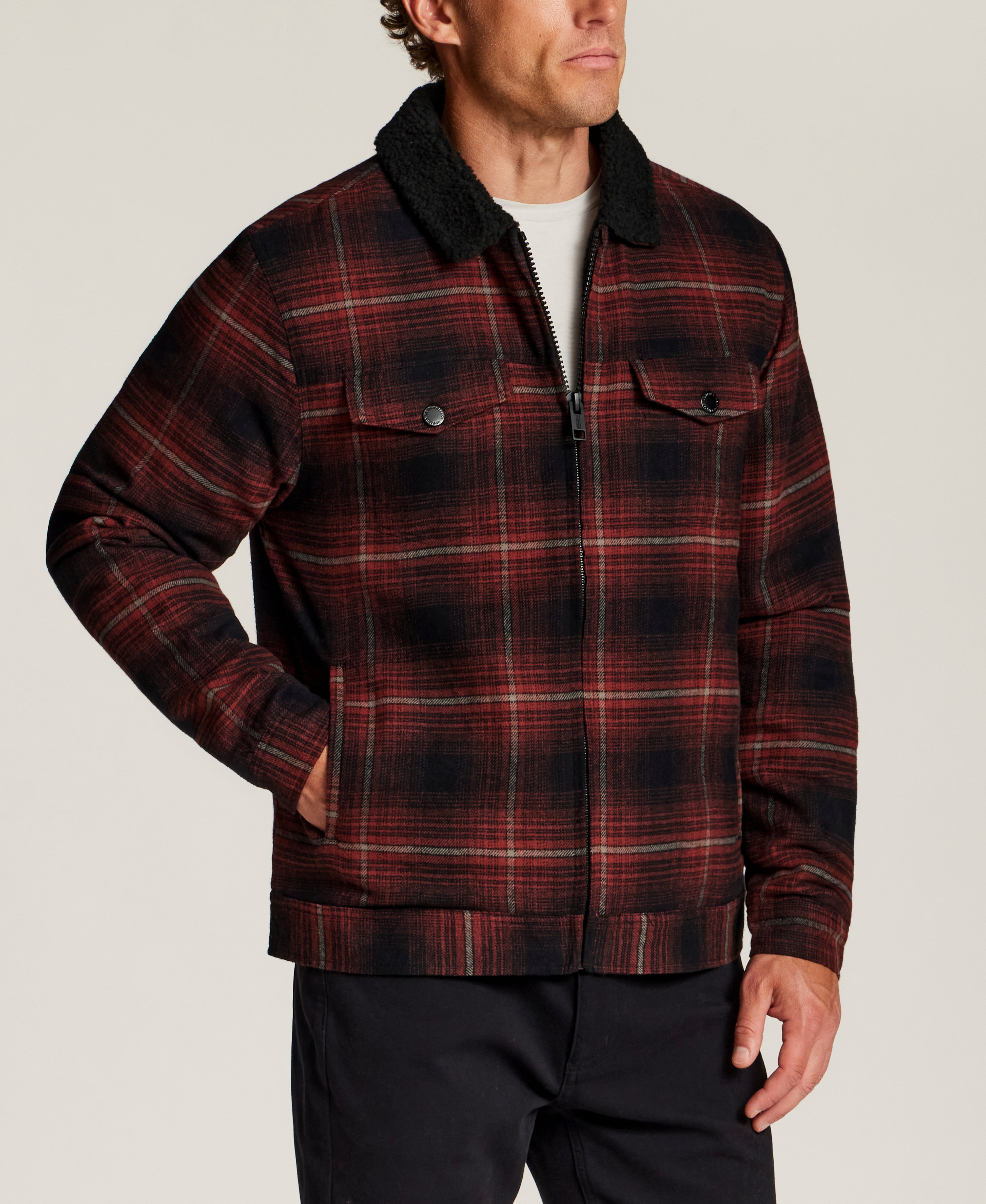 Berber-Lined Flannel Trucker Jacket in Fireside Red