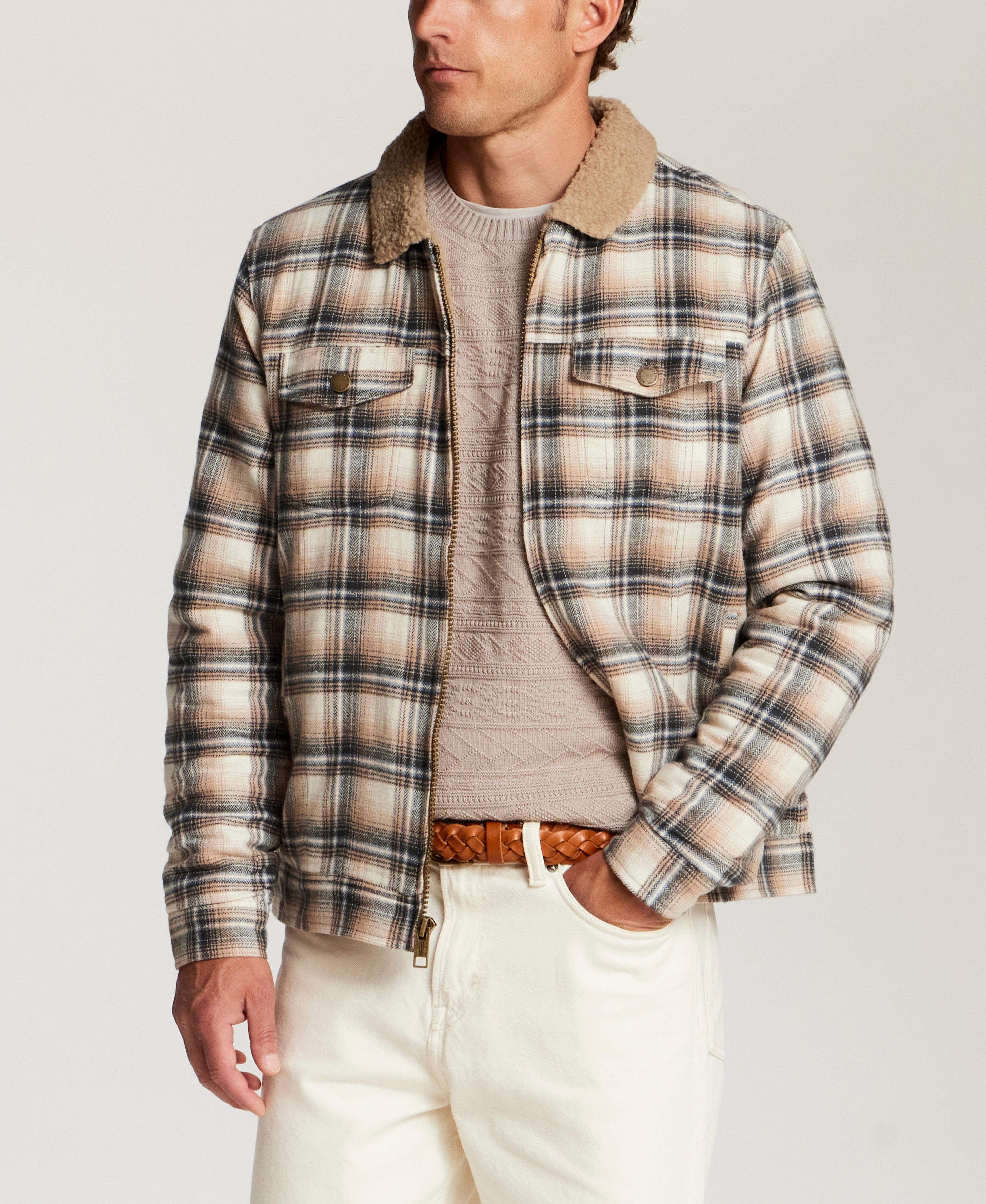 Berber-Lined Flannel Trucker Jacket in Wheat