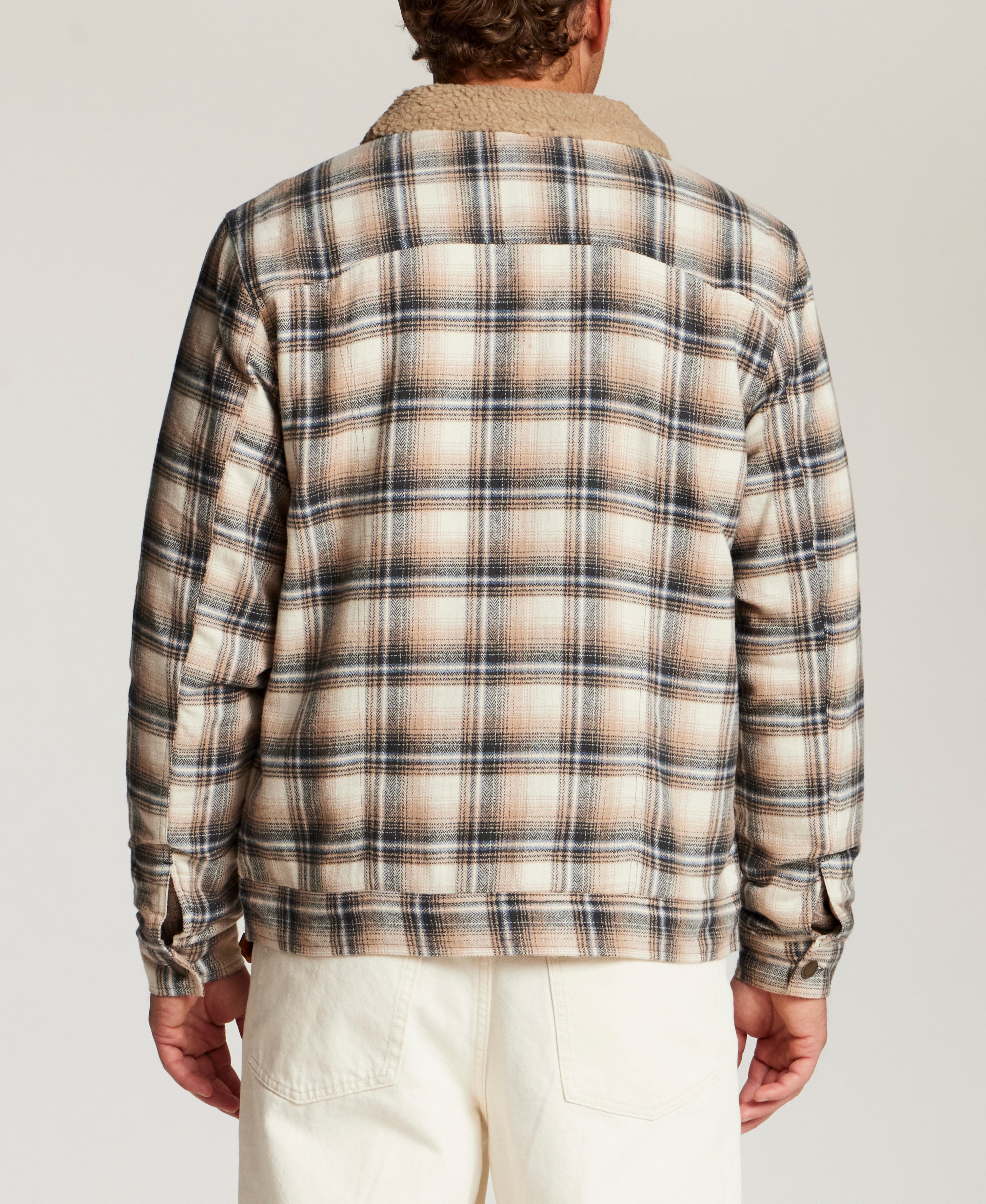 Berber-Lined Flannel Trucker Jacket in Wheat