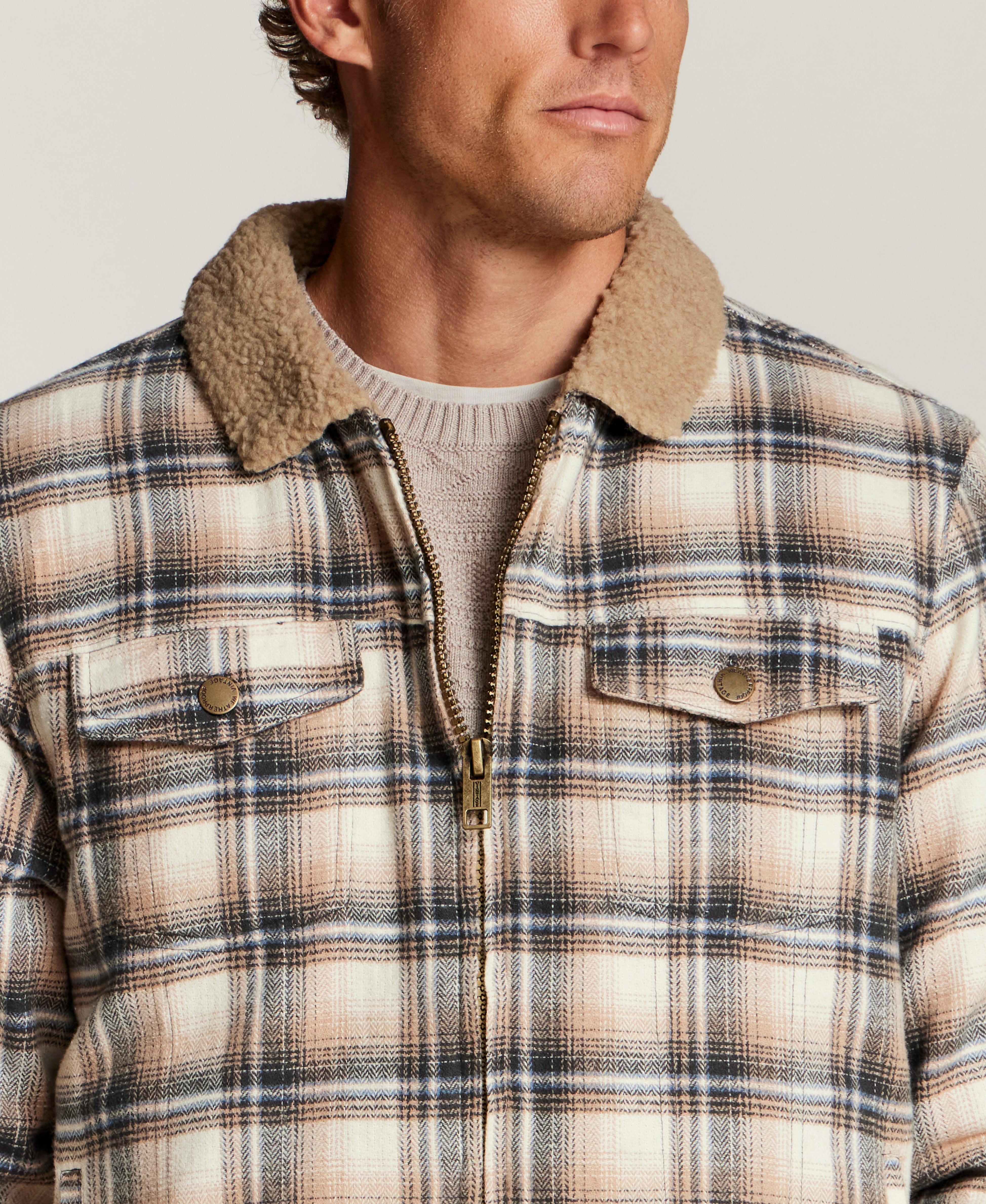 Berber-Lined Flannel Trucker Jacket in Wheat