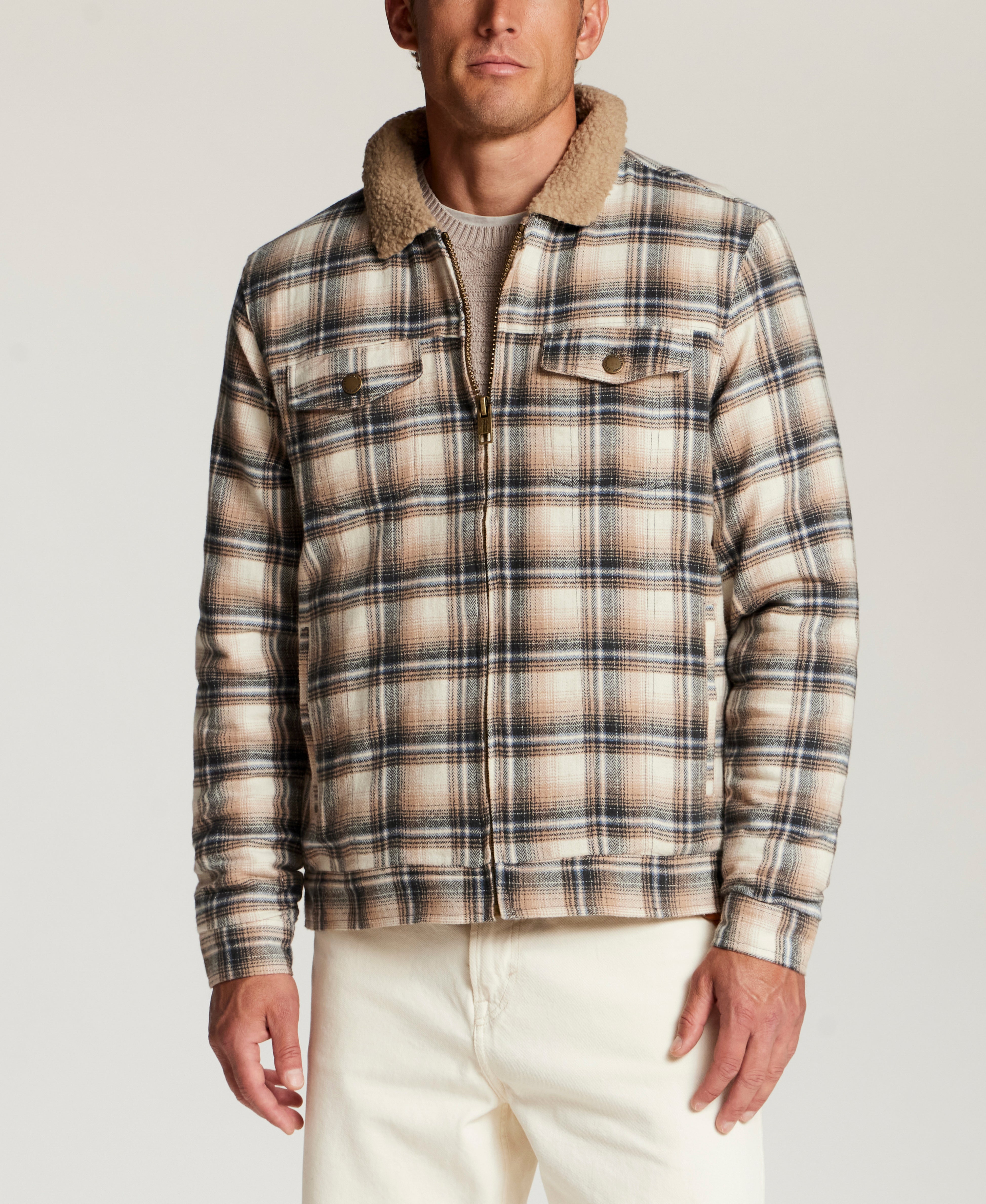 Berber-Lined Flannel Trucker Jacket in Wheat