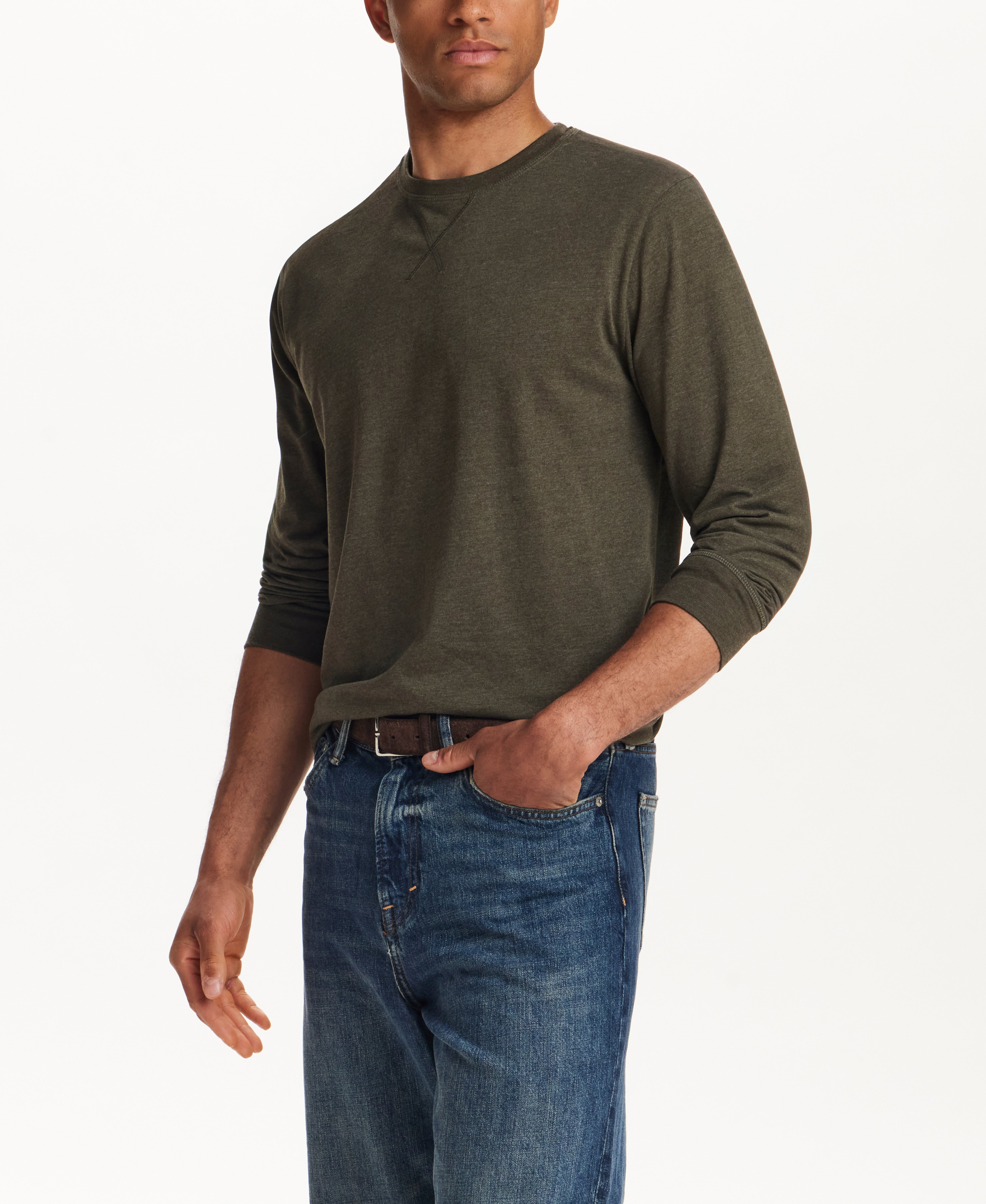 Long Sleeve Brushed Jersey Crew in Forest Night Heather