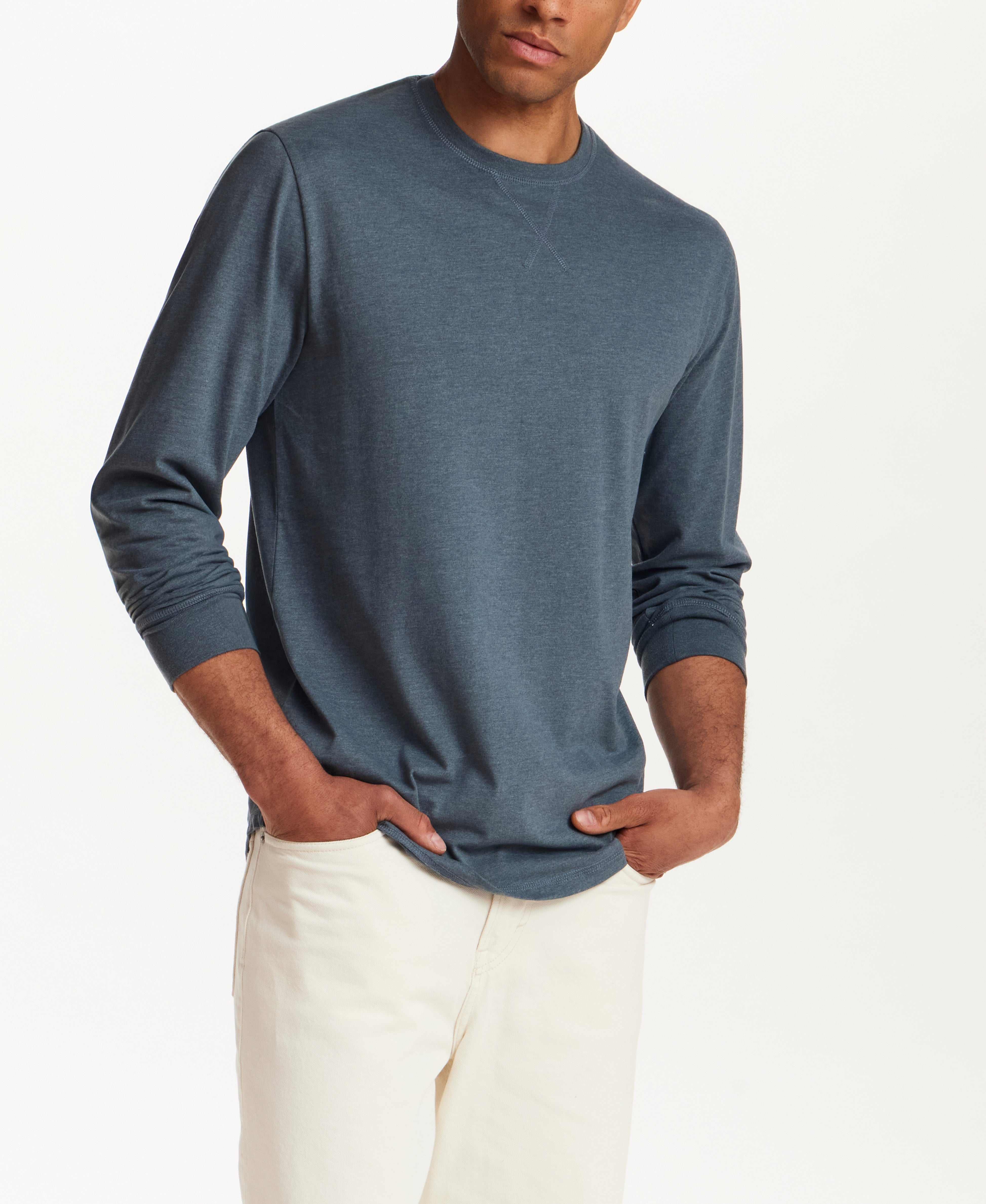 Long Sleeve Brushed Jersey Crew in Slate Blue Heather