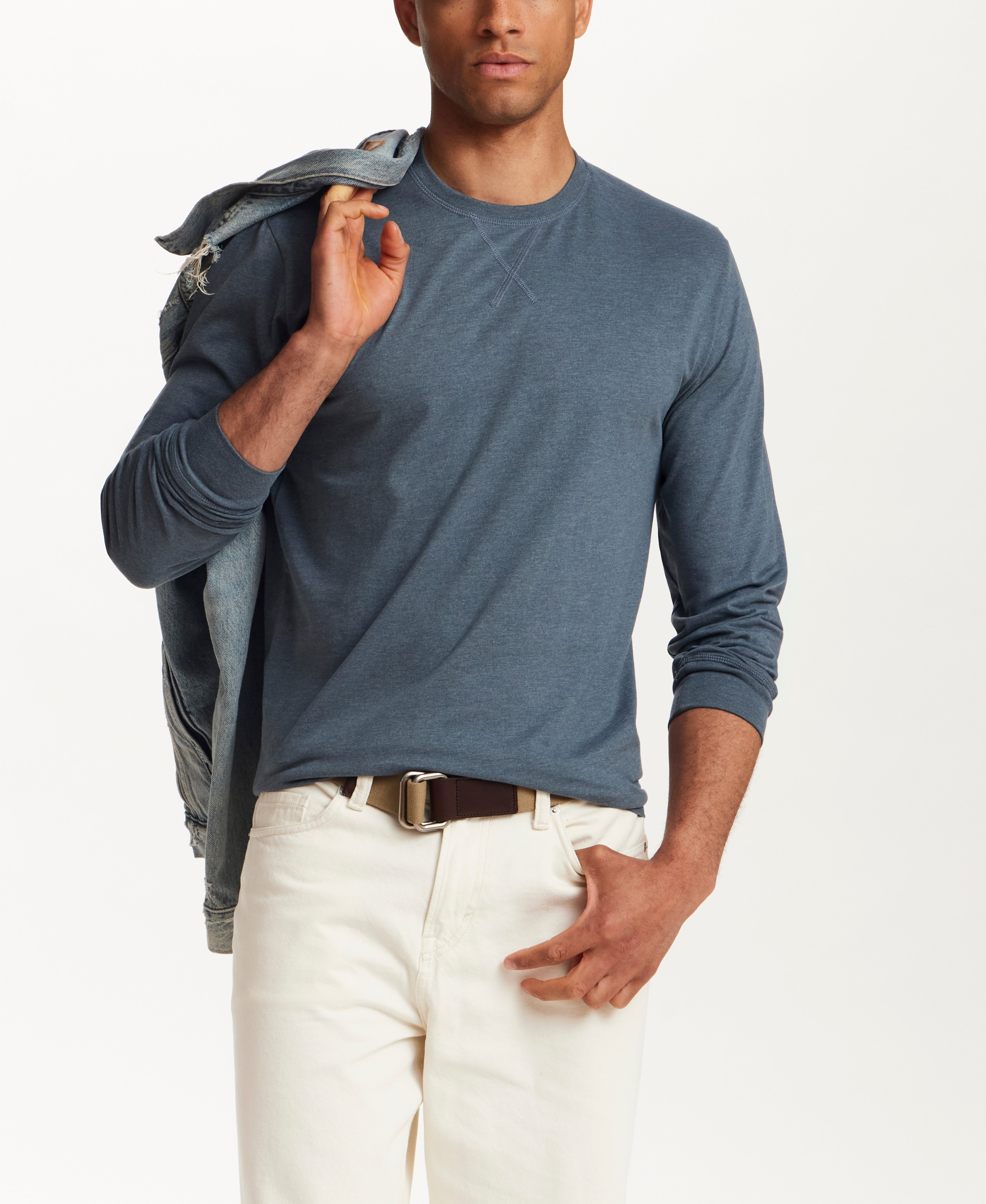 Long Sleeve Brushed Jersey Crew in Slate Blue Heather