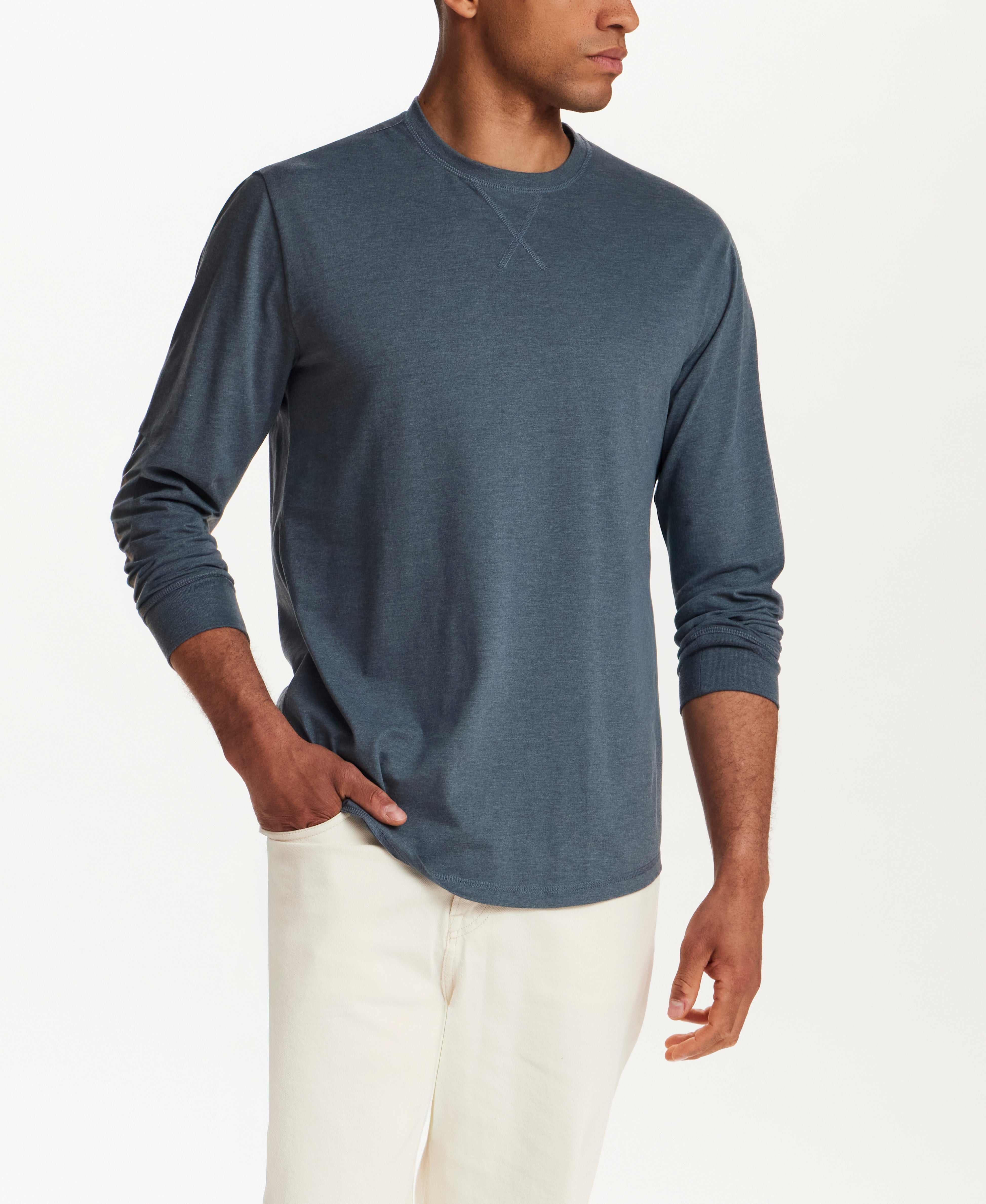 Long Sleeve Brushed Jersey Crew in Slate Blue Heather