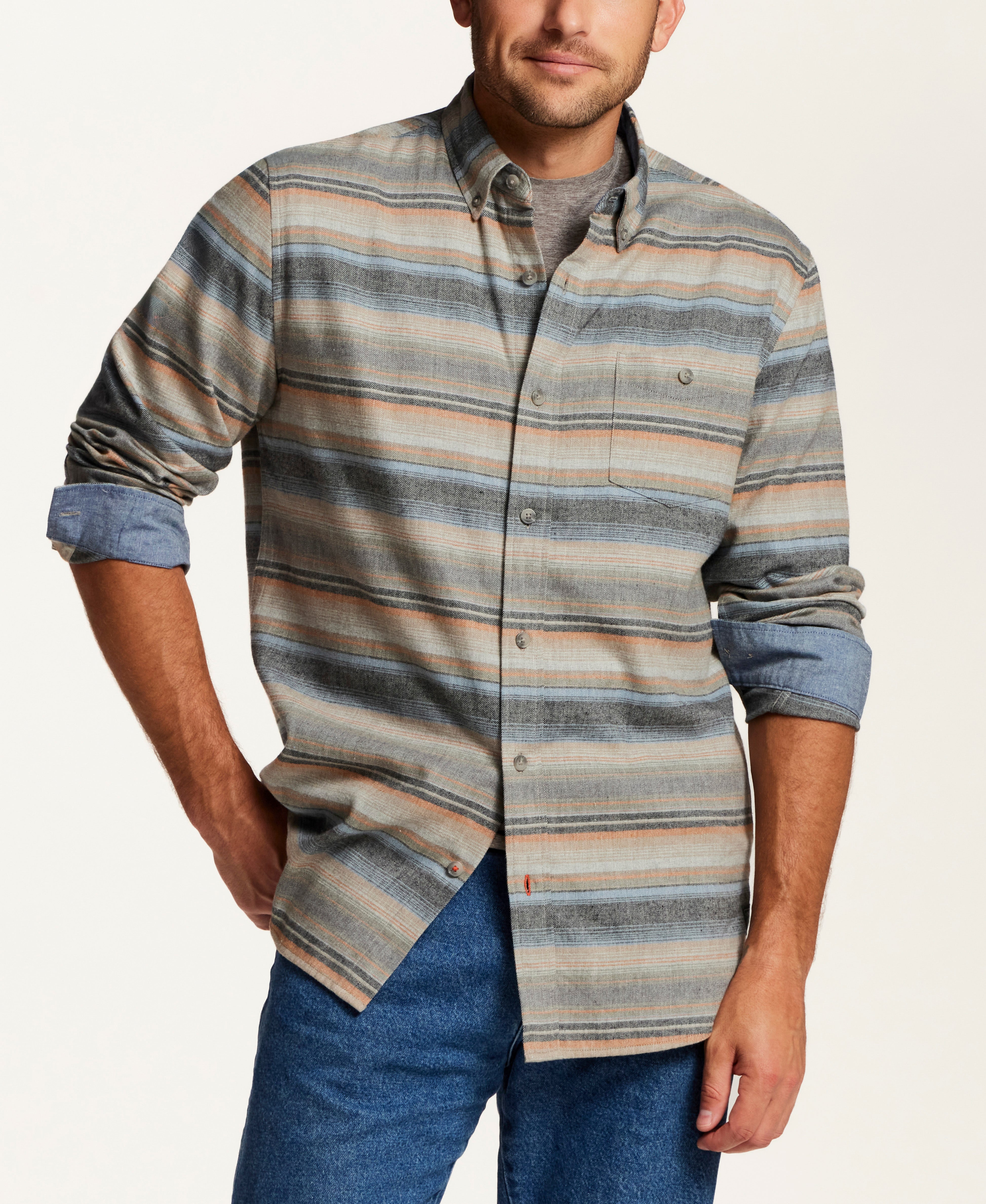 Brushed Horizontal Stripe Flannel Shirt in Gold Earth