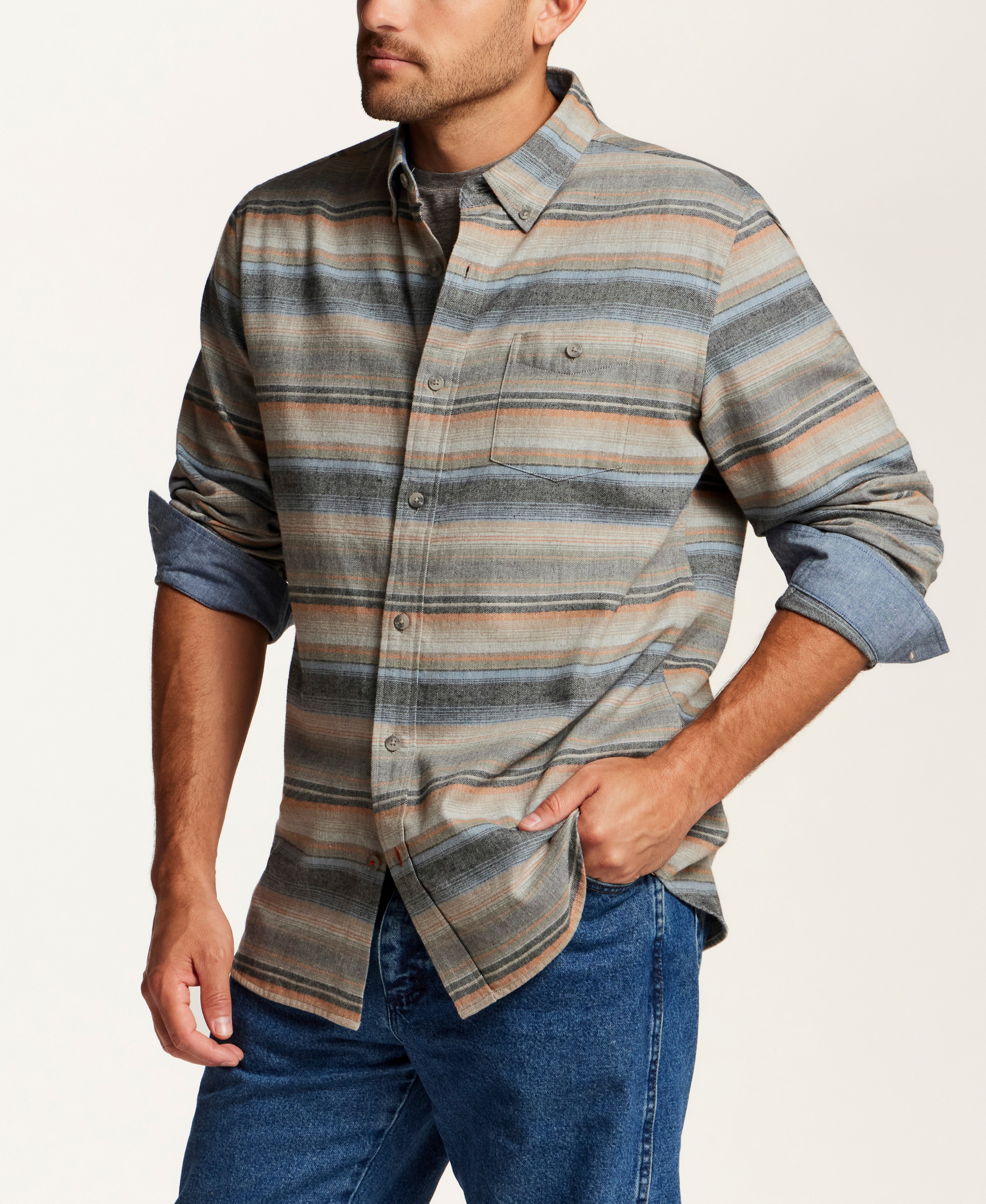 Brushed Horizontal Stripe Flannel Shirt in Gold Earth