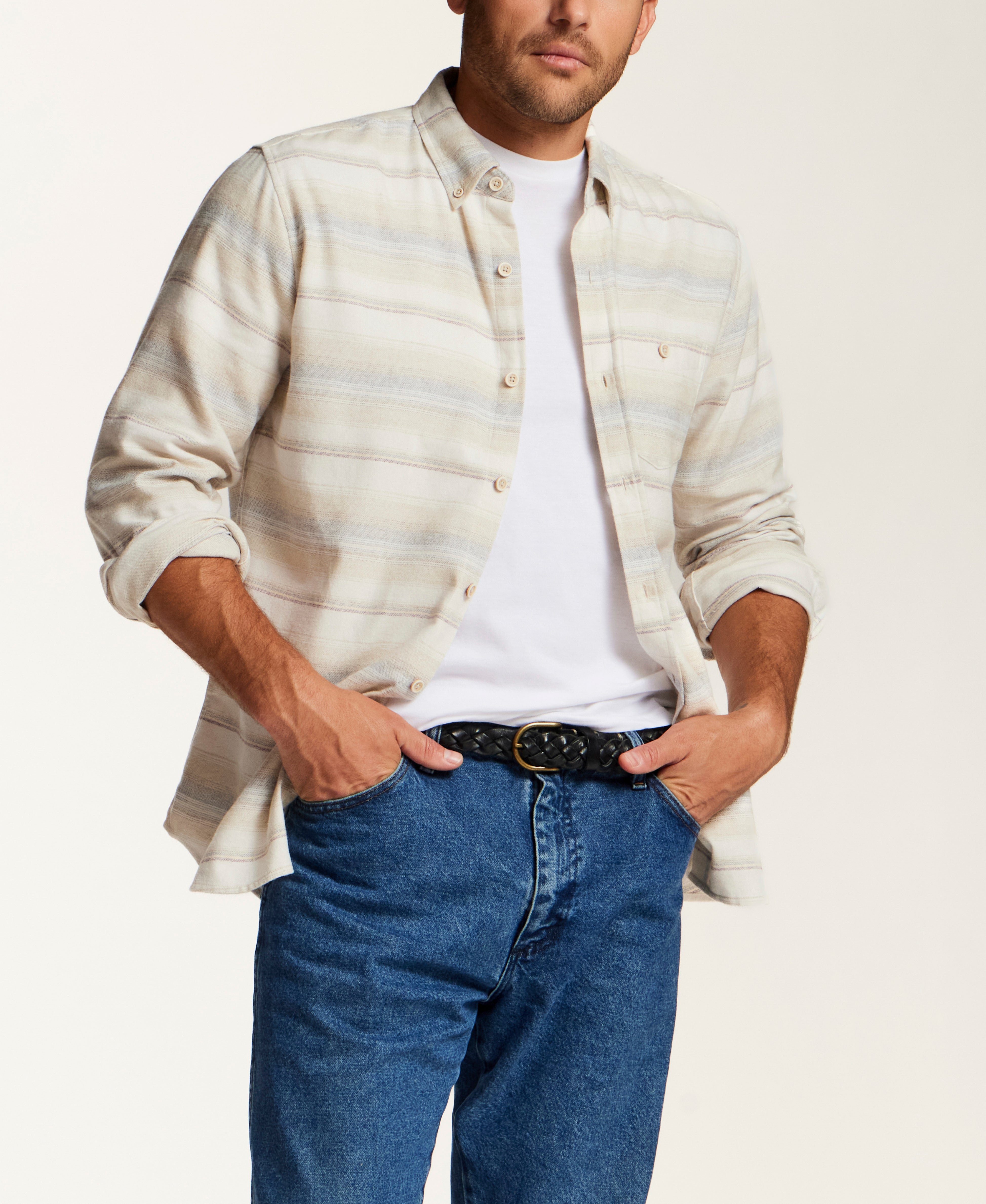 Brushed Horizontal Stripe Flannel Shirt in Vapor Grey