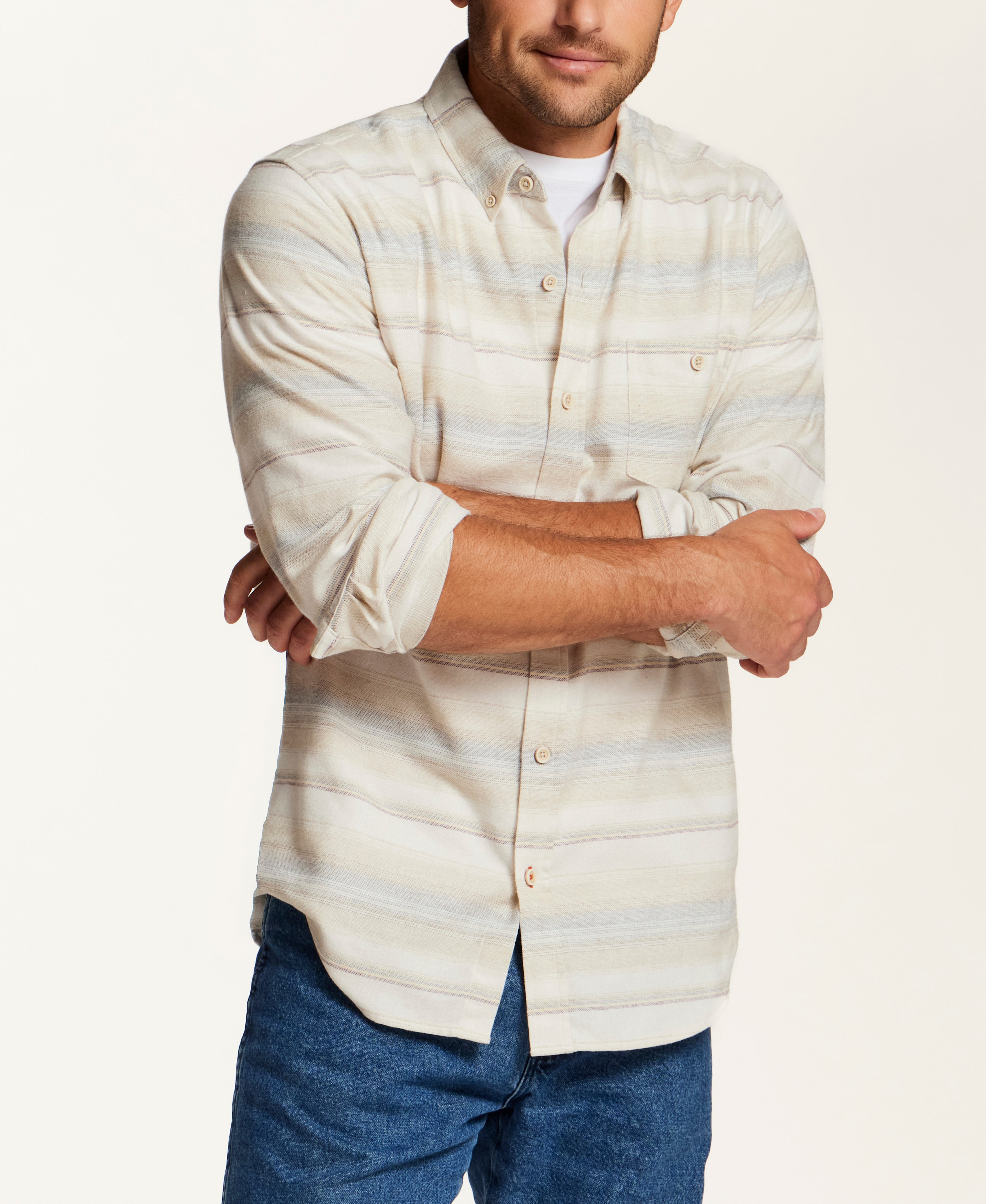 Brushed Horizontal Stripe Flannel Shirt in Vapor Grey