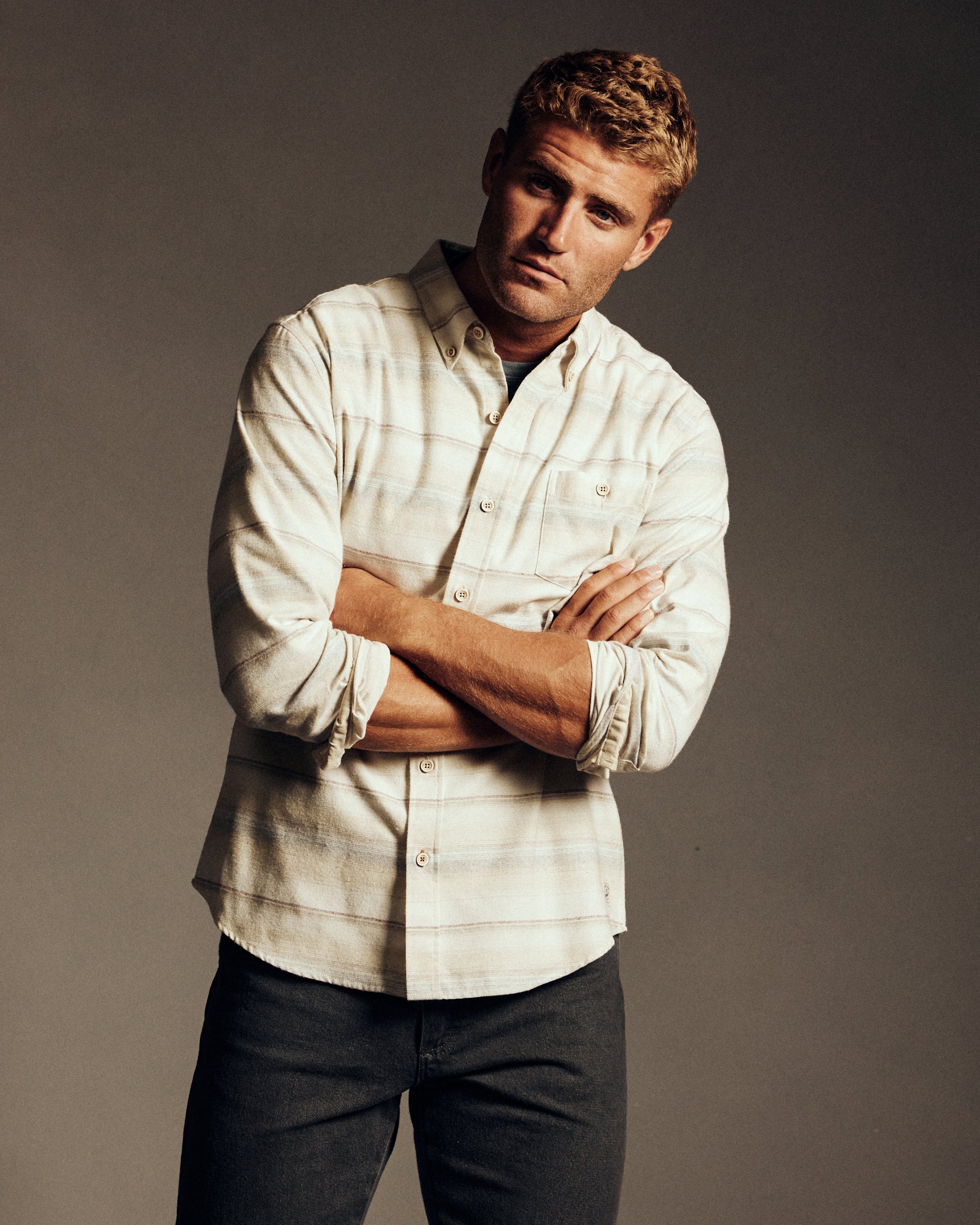 Brushed Horizontal Stripe Flannel Shirt in Vapor Grey