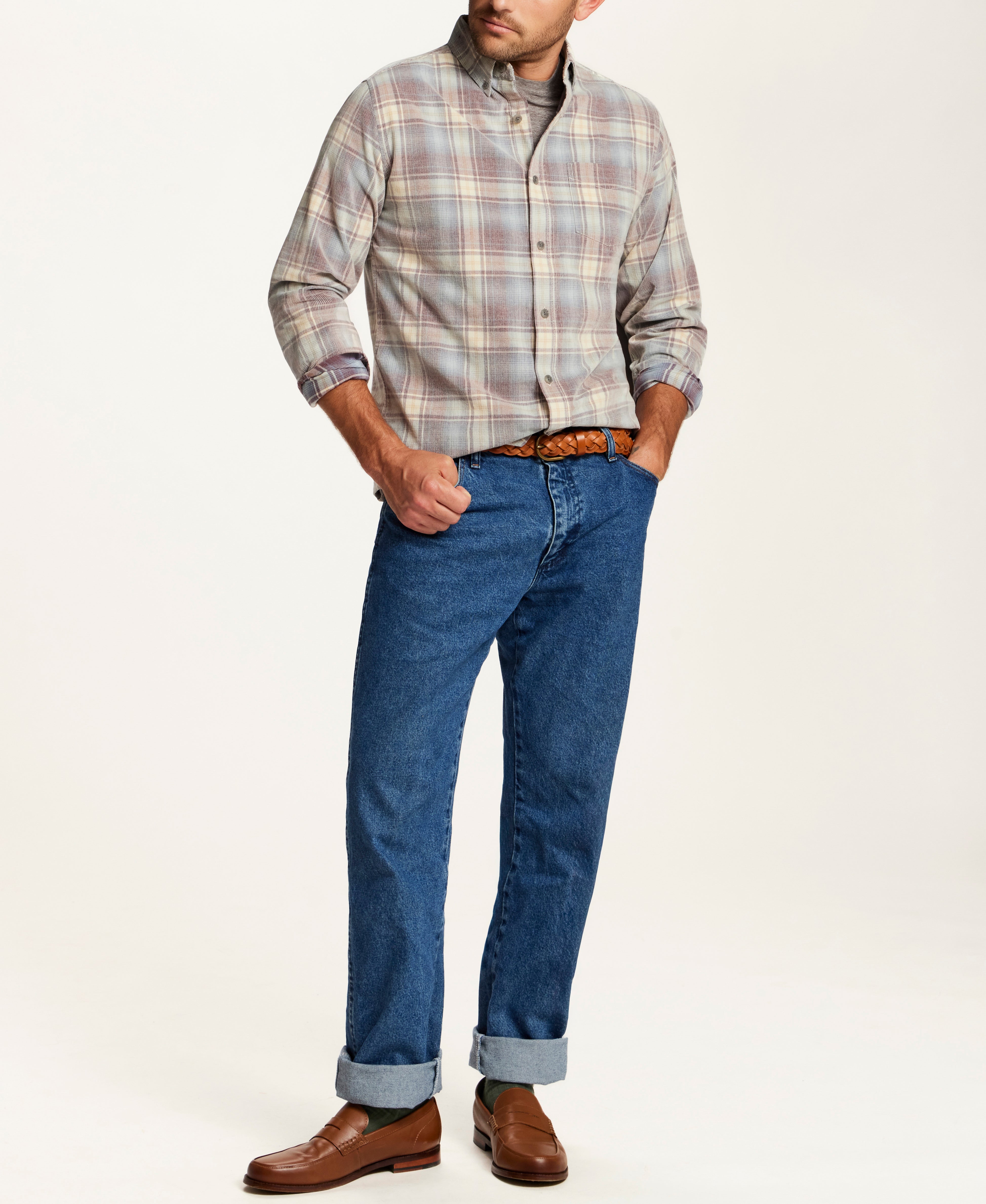 The Washed Cord Plaid Shirt in Brick Grey