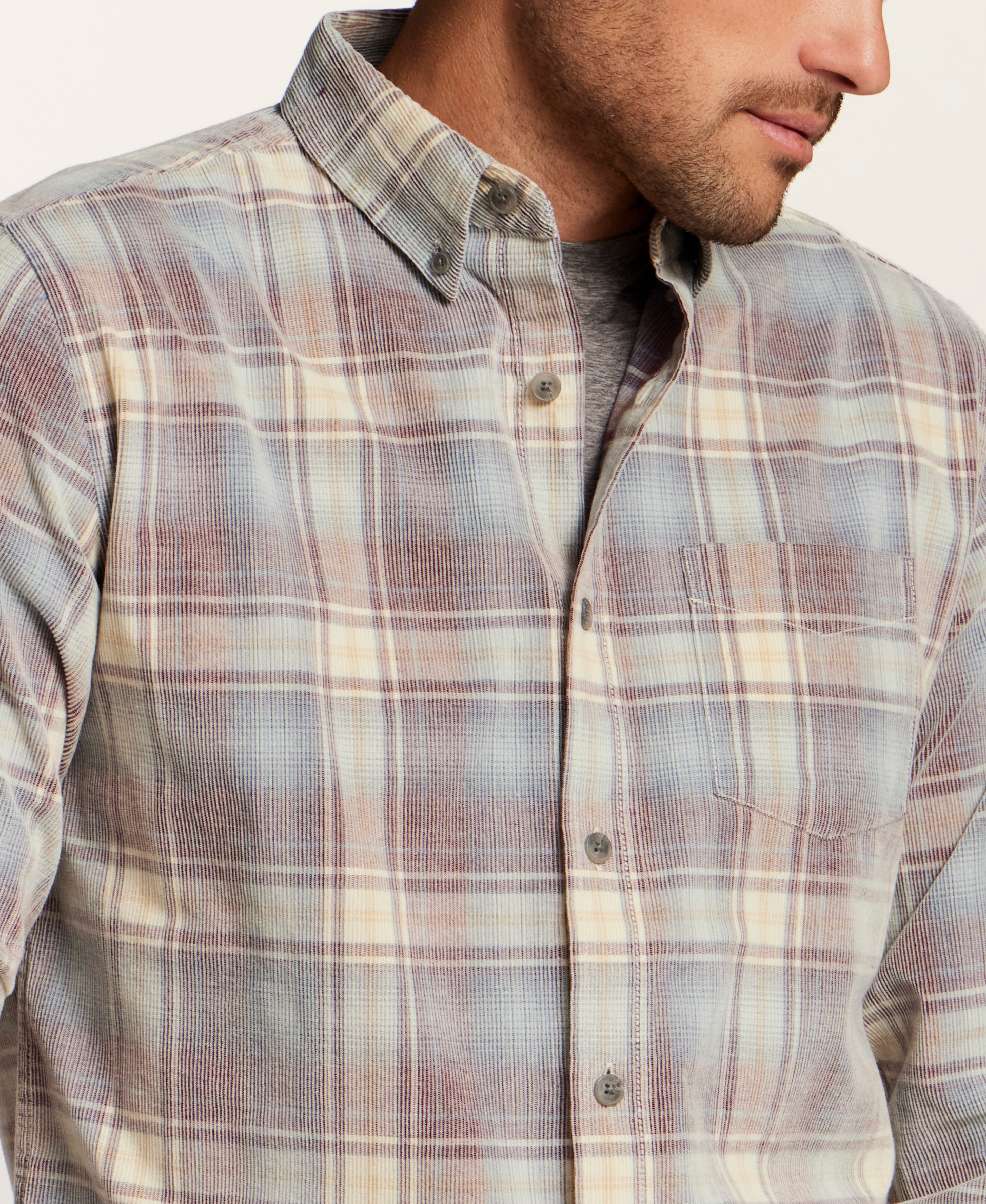The Washed Cord Plaid Shirt in Brick Grey