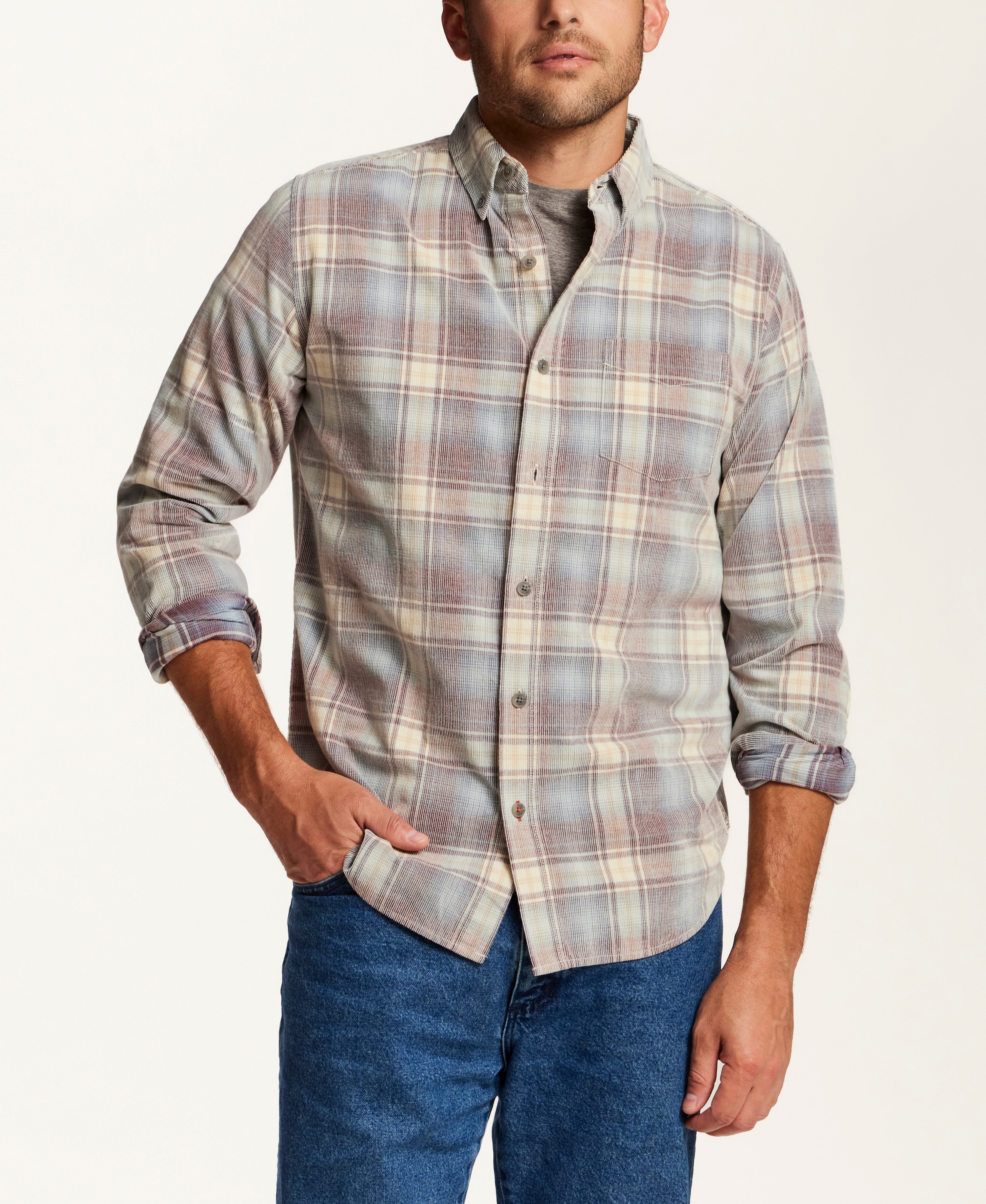 The Washed Cord Plaid Shirt in Brick Grey