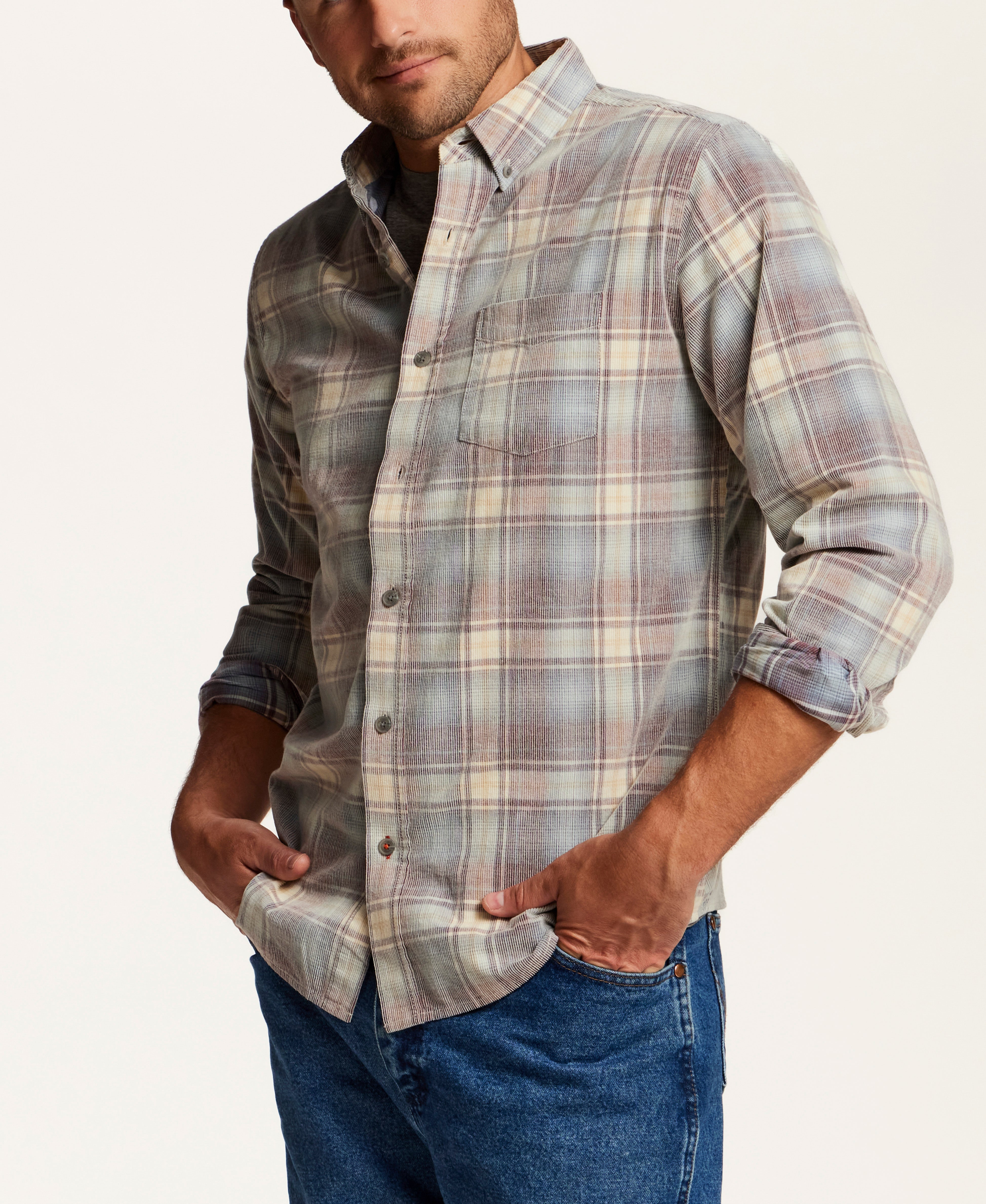 The Washed Cord Plaid Shirt in Brick Grey