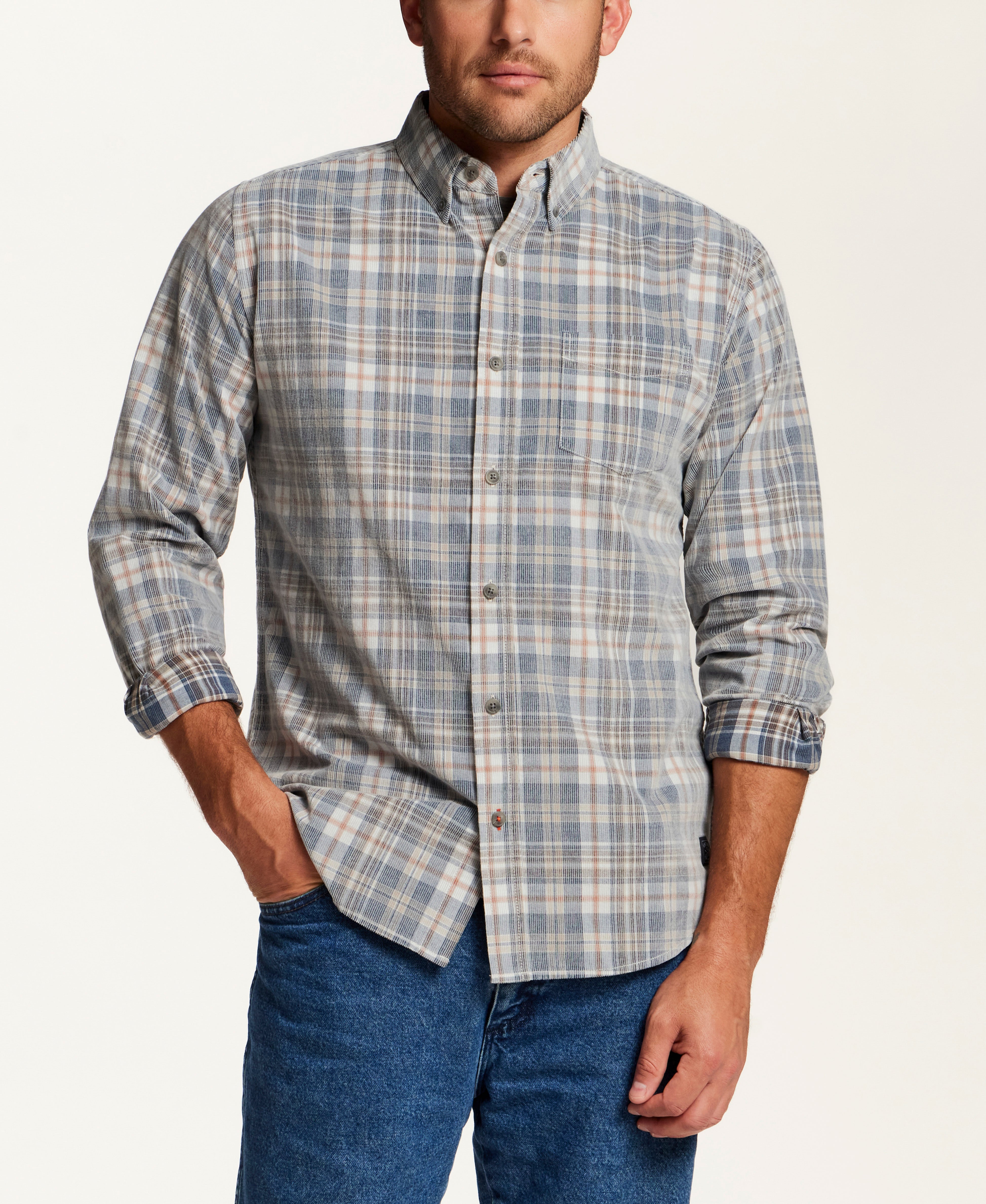 The Washed Cord Plaid Shirt in Tradewinds