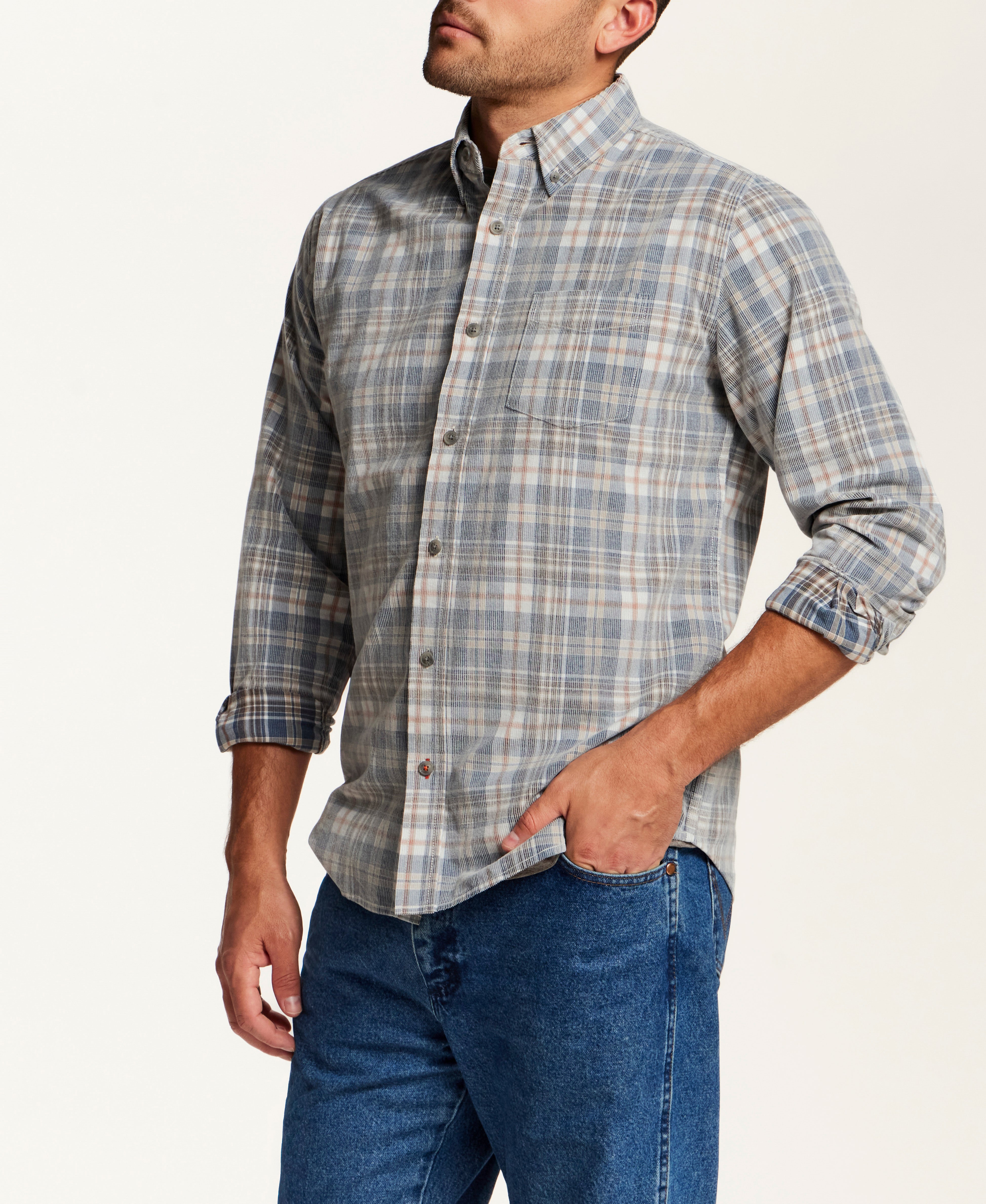 The Washed Cord Plaid Shirt in Tradewinds
