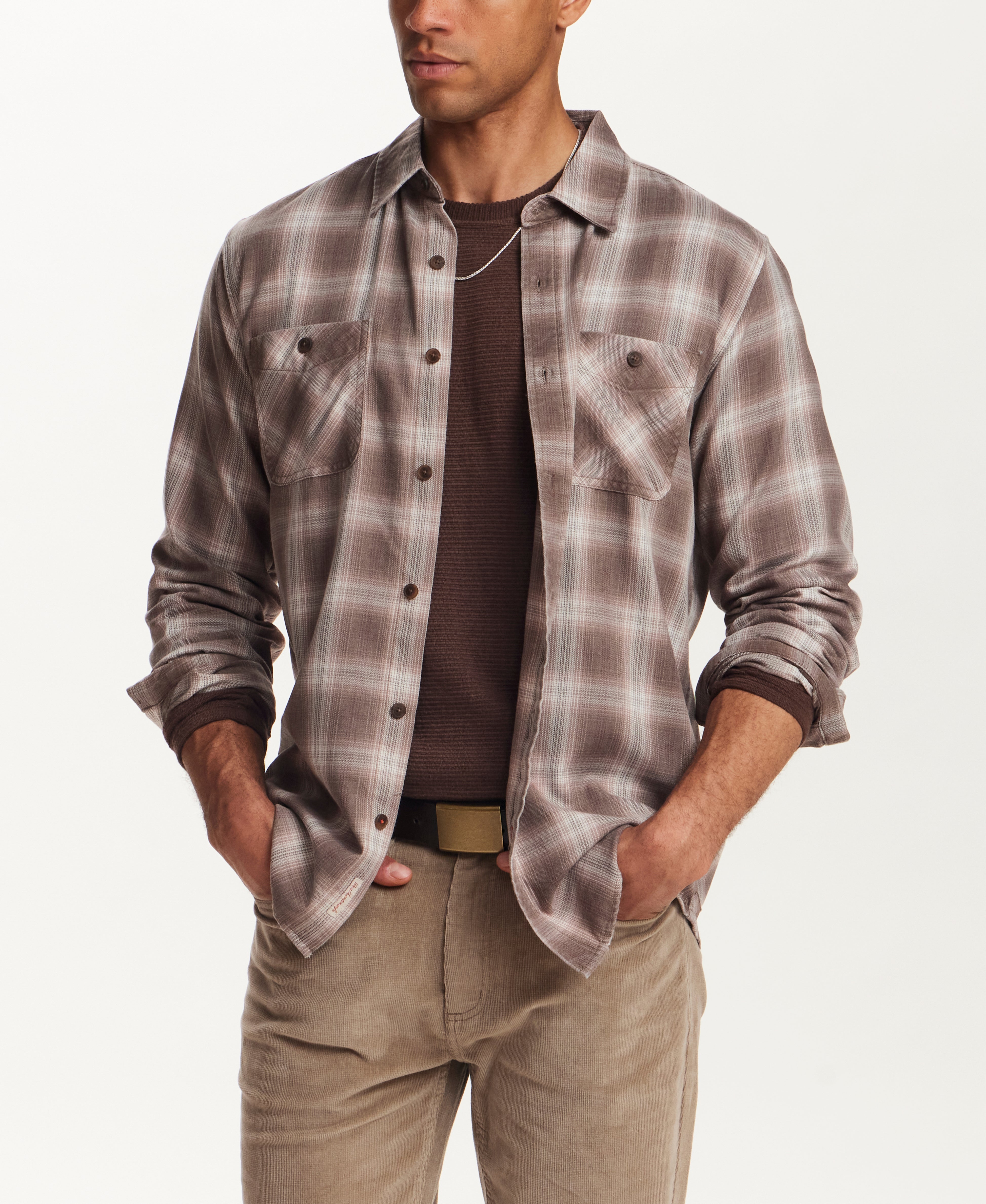 Burnout Shadow Plaid Shirt in Toasted Barley