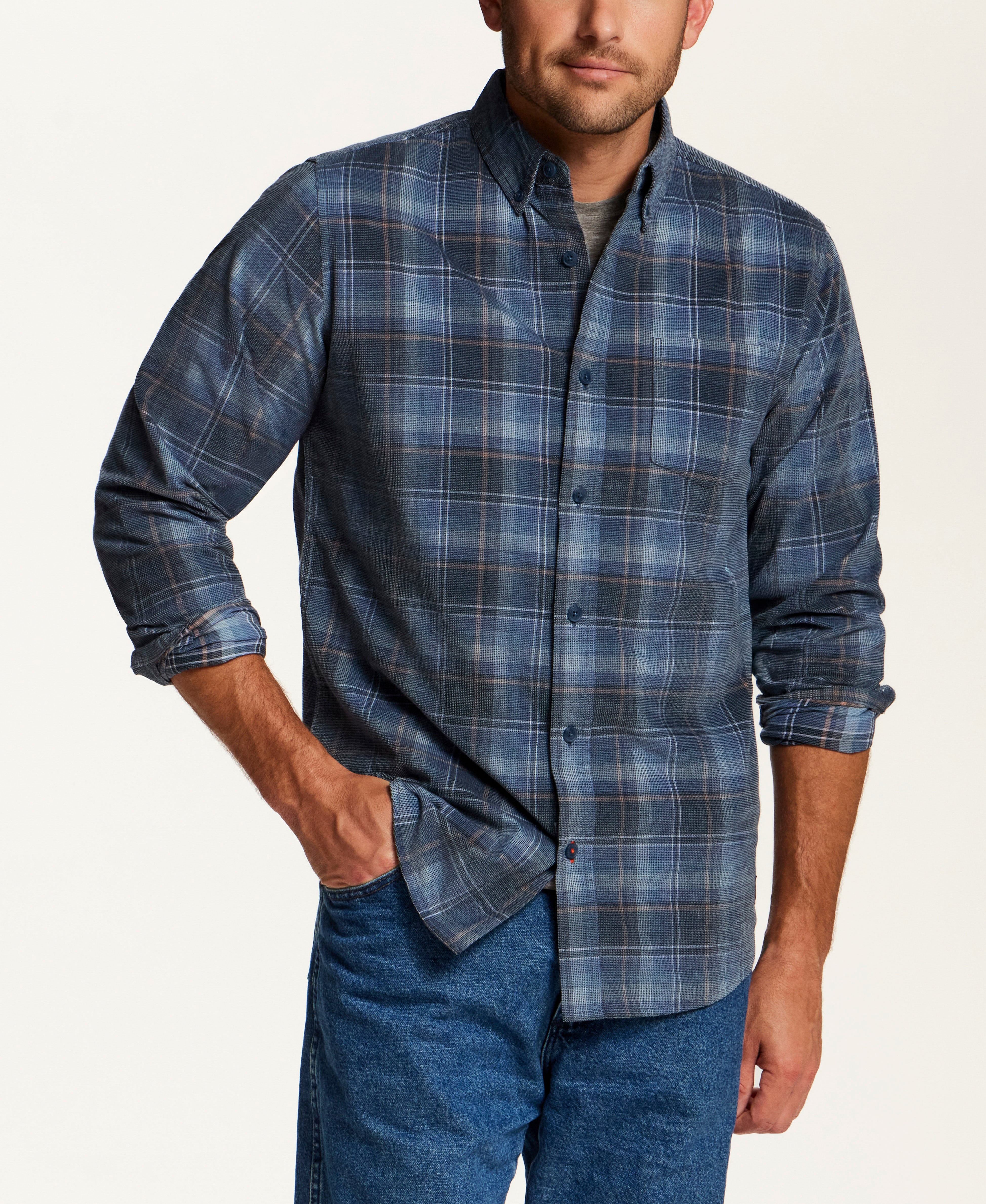 The Brocade Cord Plaid Shirt in Blue Depths