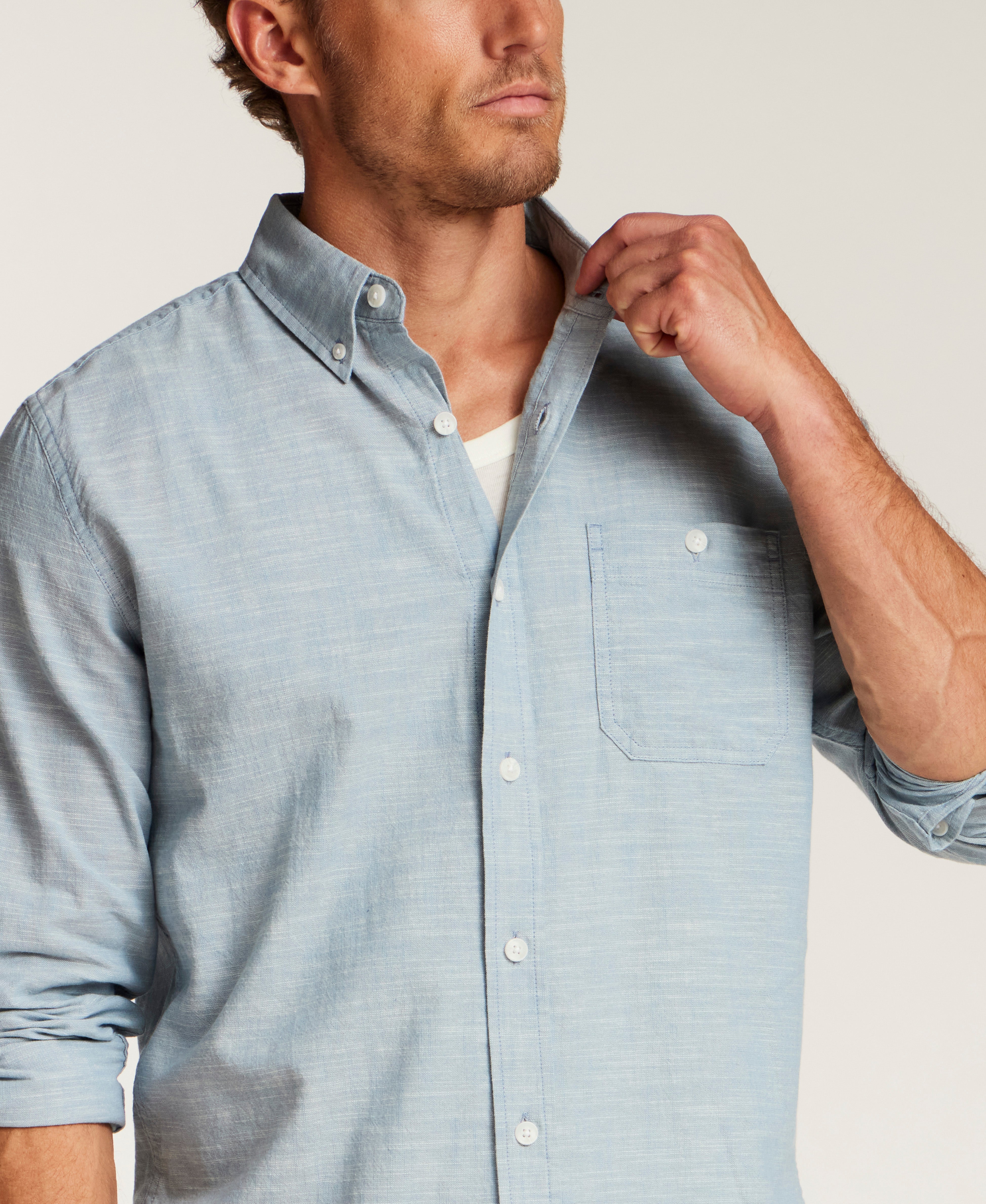 FAUX LINEN CHAMBRAY SHIRT in BLUE SHADOW (F2685884WV)