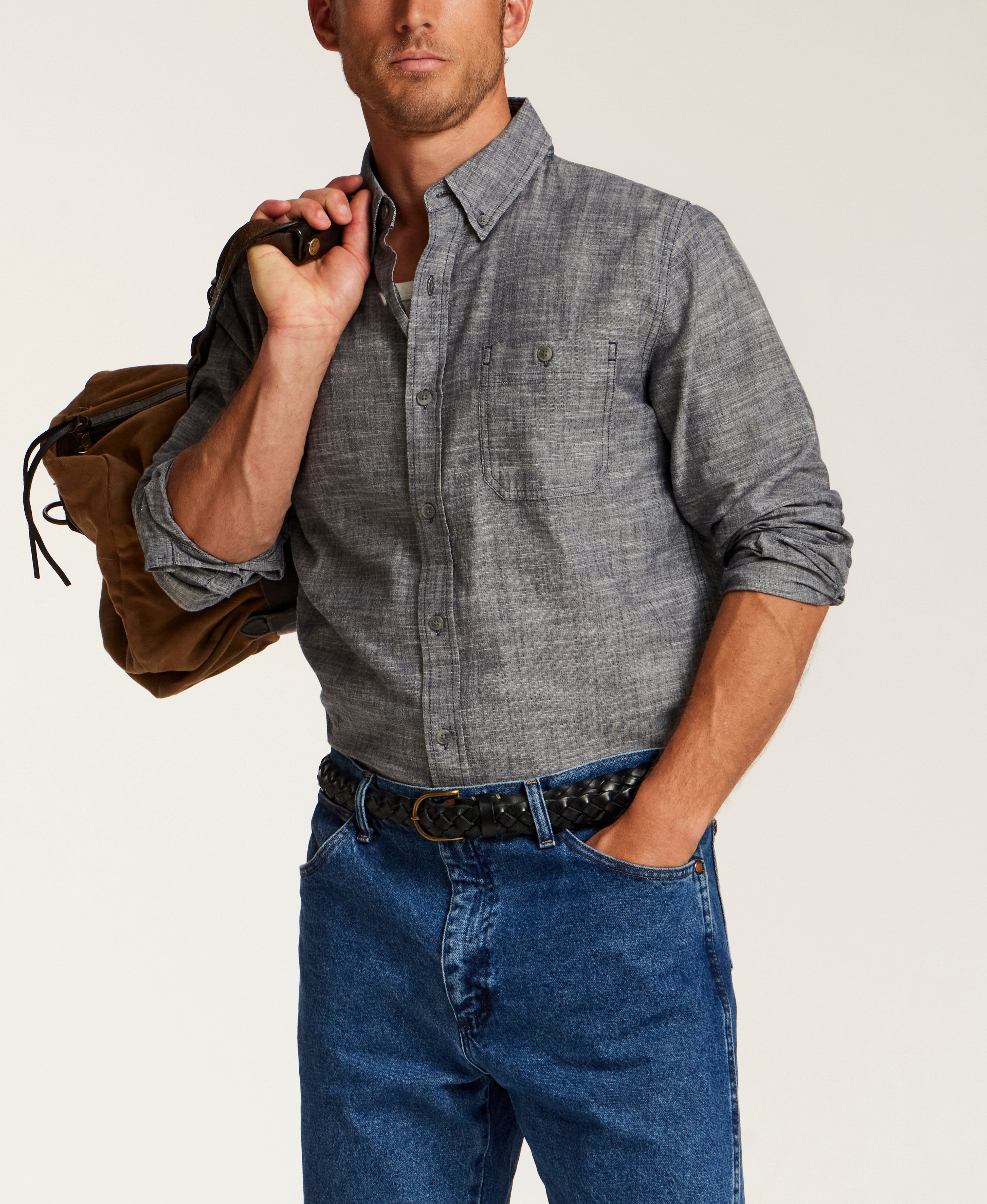 Long Sleeve Chambray Button-Down in Midnight Navy