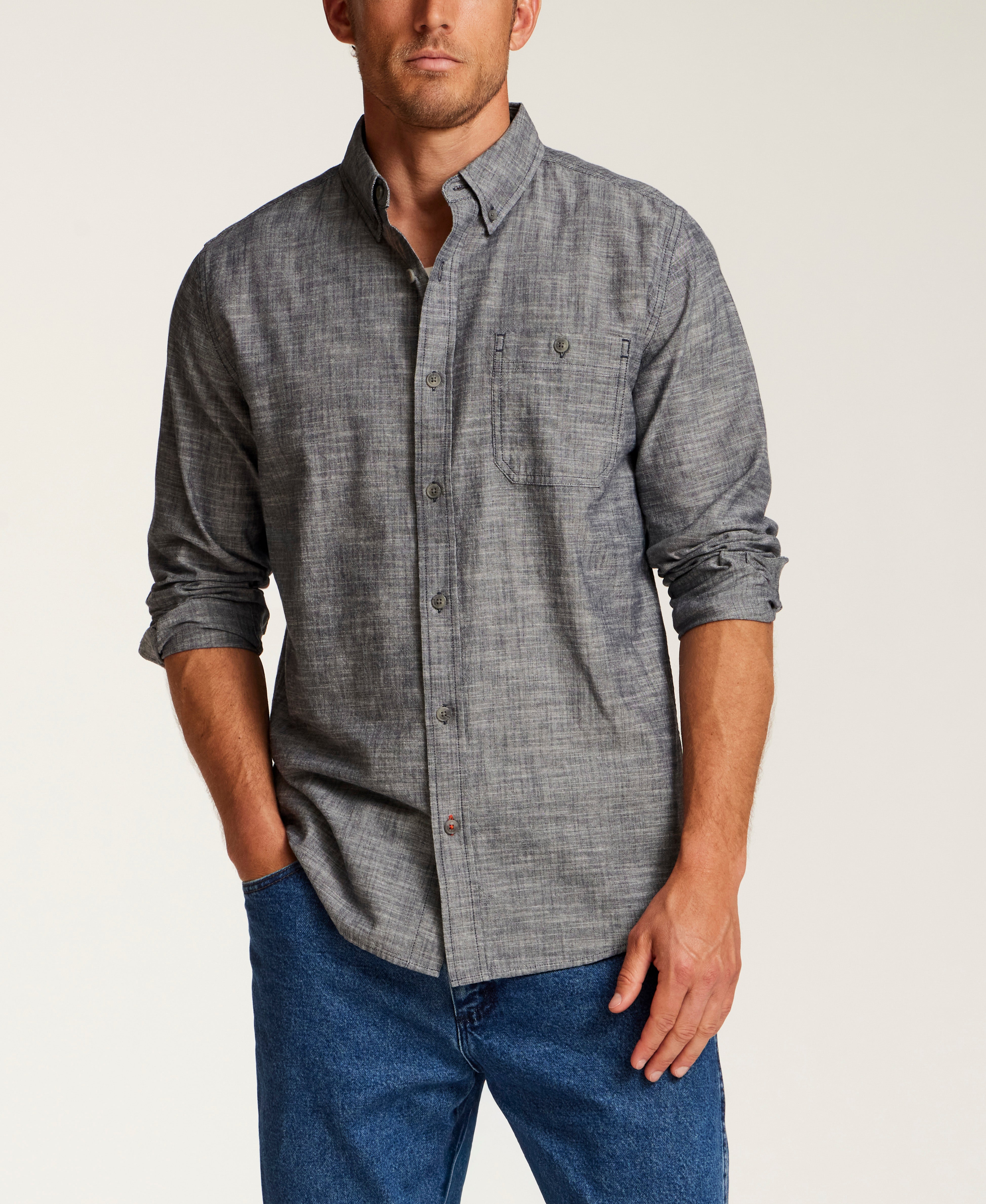 Long Sleeve Chambray Button-Down in Midnight Navy