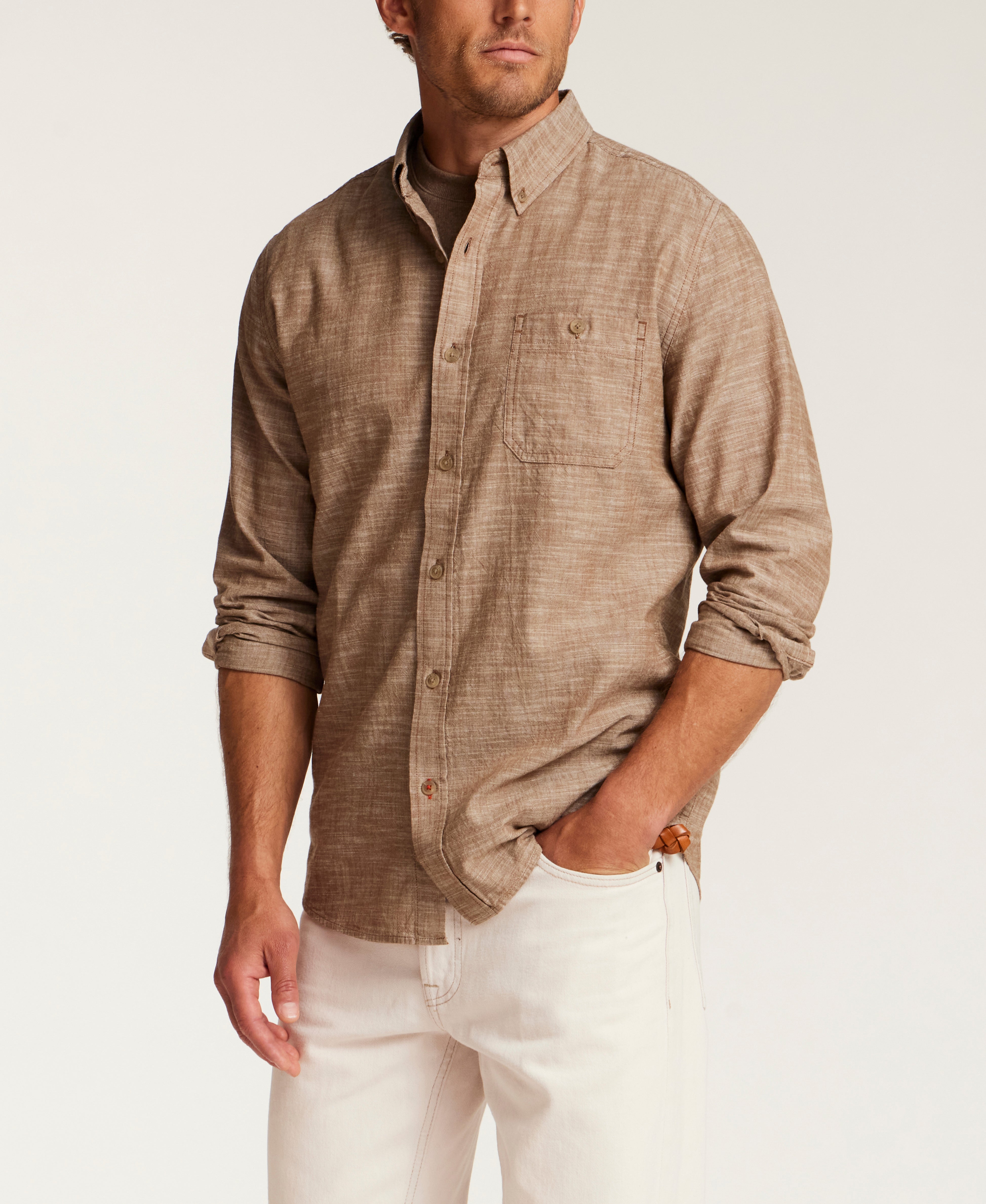FAUX LINEN CHAMBRAY SHIRT in SPANISH BROWN (F2685884WV)